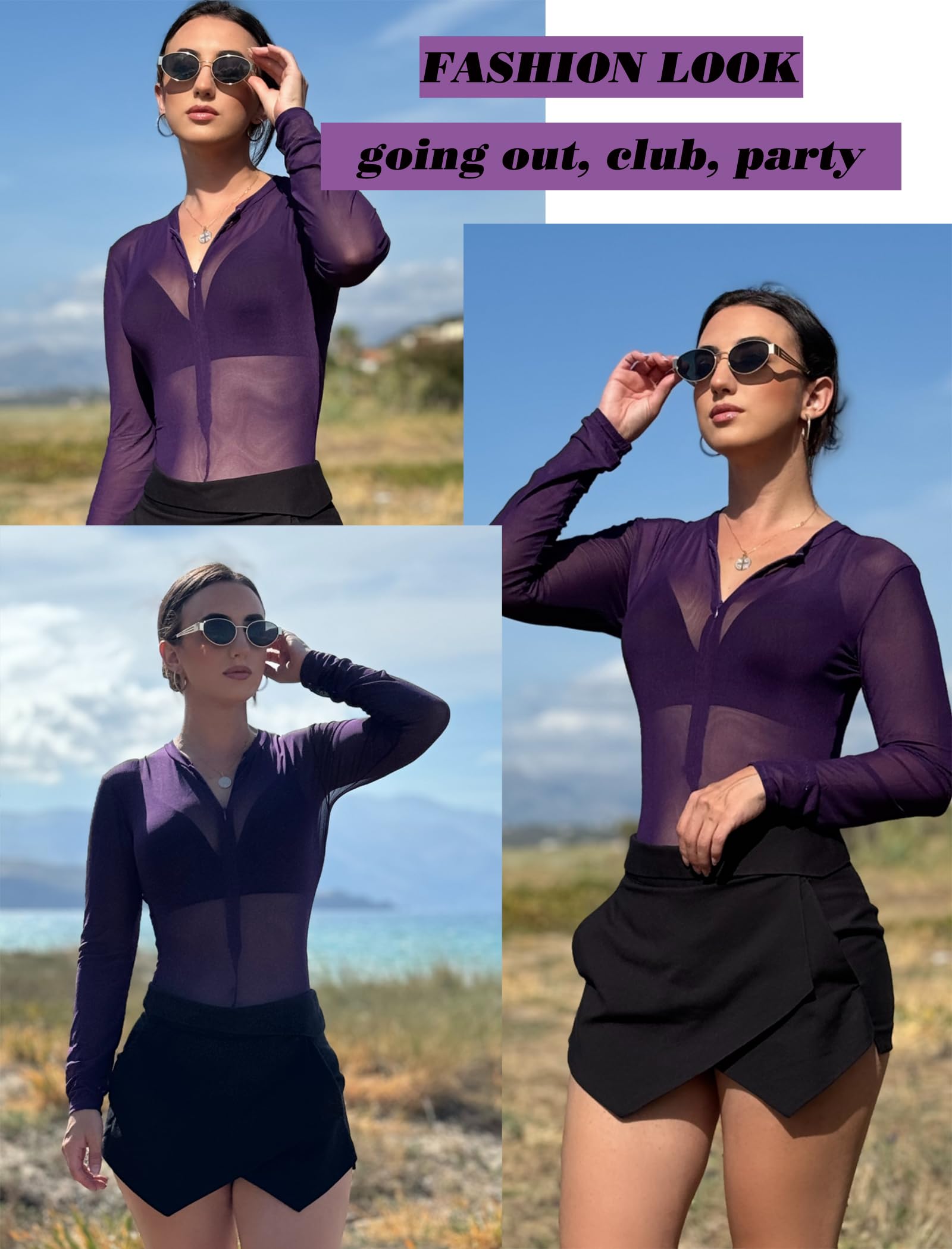 Avidlove Women's Mesh Bodysuit - Long Sleeve Snap Crotch See Through Zipper Sheer Leotard