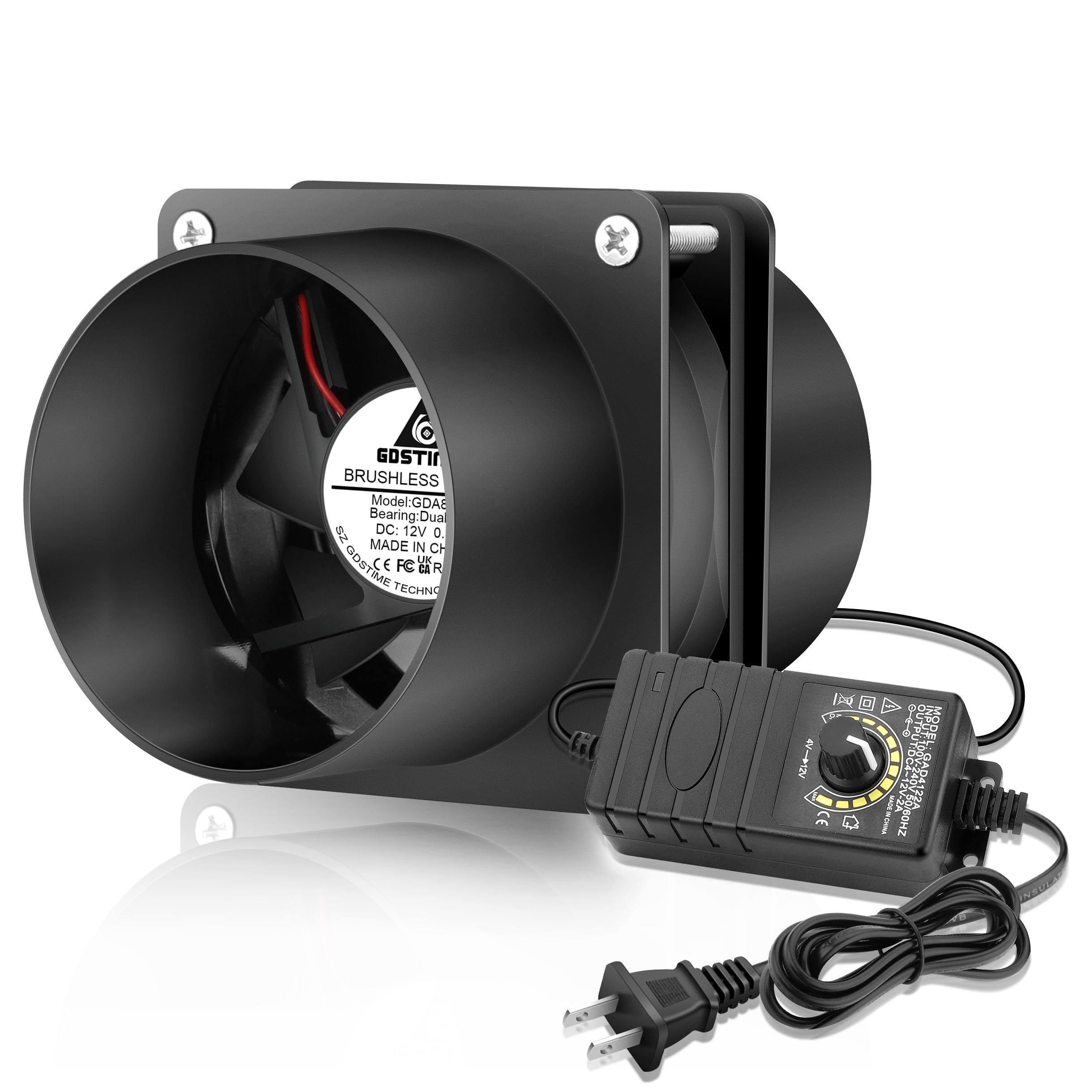 GDSTIME Ventilatore assiale 80 mm 12 V DC Ventilatore di condotta 80 mm x 25 mm 12 V con cuscinetto a sfere 4500 giri/min con regolatore di velocità per PC