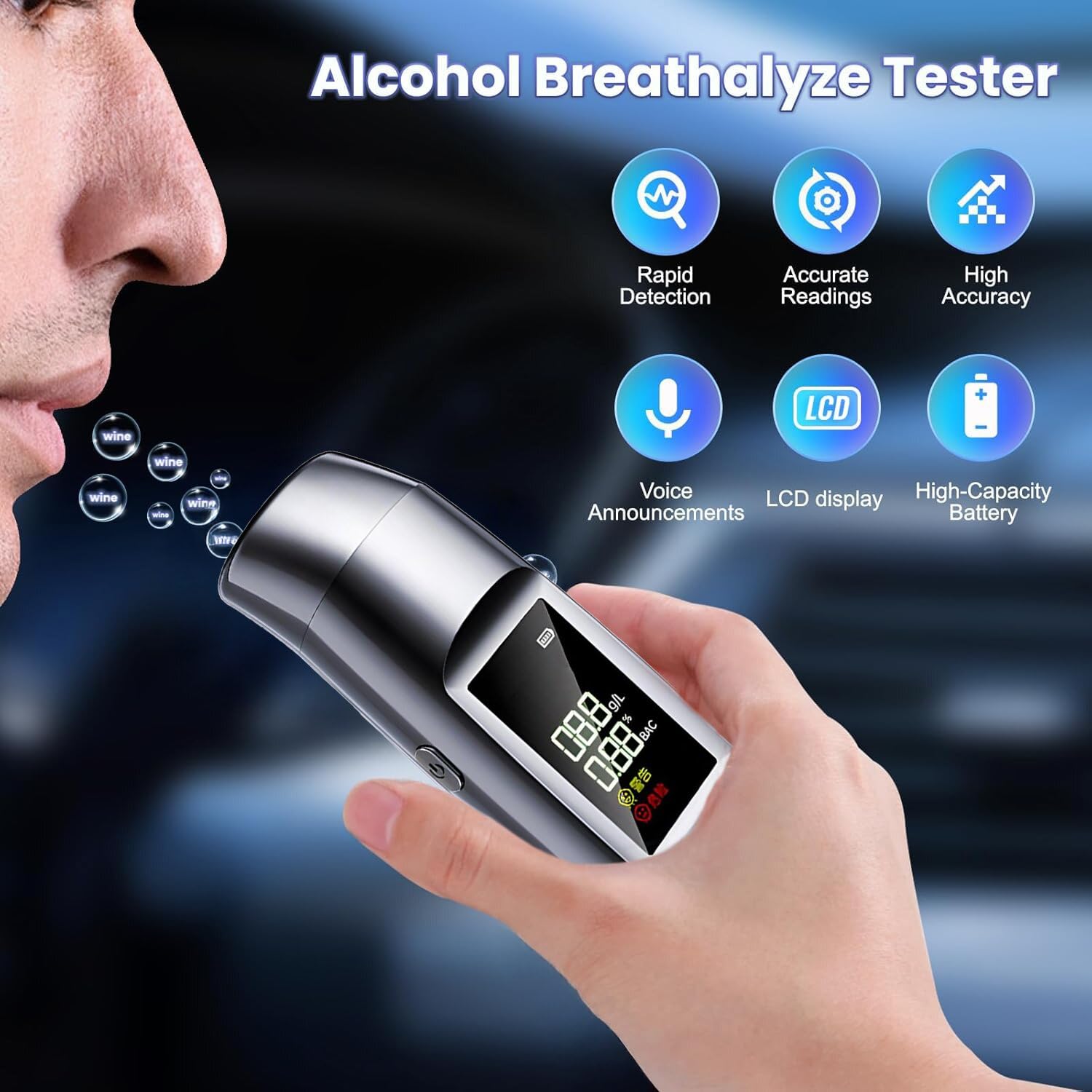 Etilometro Portatile Certificato Alcol Test, Professionale Alcol Test Senza Contatto Tester di Alcool Display LCD Digitale e Allarme Vocale, Precisione di Grado Riutilizzabili Ricaricabile