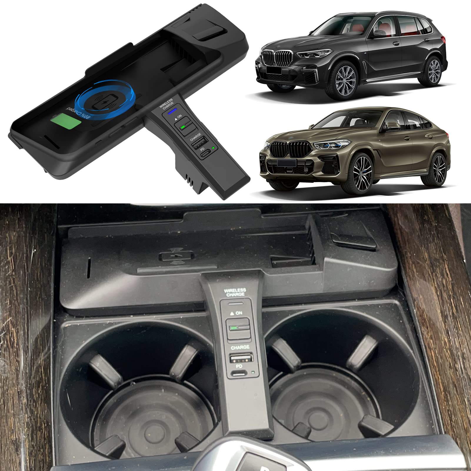 Bezprzewodowa ładowarka Samochodowa Kompatybilna Z Bmw X5/x6/x5m/x6m 2014-2018 Wszystkie Modele Akcesorium Qi 15w Max, 2-port Typu C Z 18w Pd I 12w Qc3,0 dla Bmw X5 F15 2014-2018/x6 F16