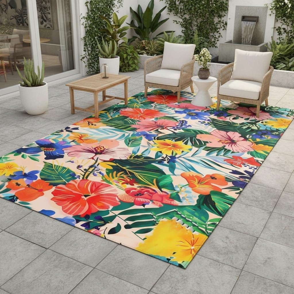 Tropical Boho Plants Flowers Print Outdoor Rug for Deck Patio Balcony Garden Waterproof Pink Blue Green Multi Botanical Floral Outside Carpet Large Thin Washable Foldable Camping Backyard Rugs 5x8