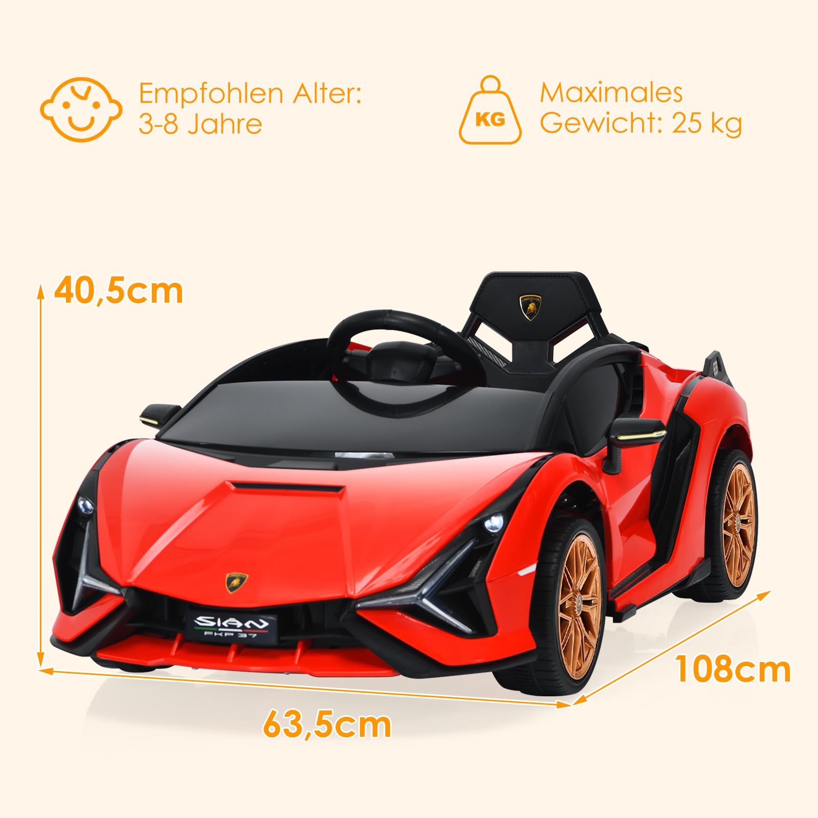 GOPLUS Samochód elektryczny dla dzieci Lamborghini, samochód dziecięcy z pilotem zdalnego sterowania, pojazd dziecięcy, Bluetooth USB, z klaksonem i muzyką, 3-5 km/h, możliwość jazdy do przodu i do