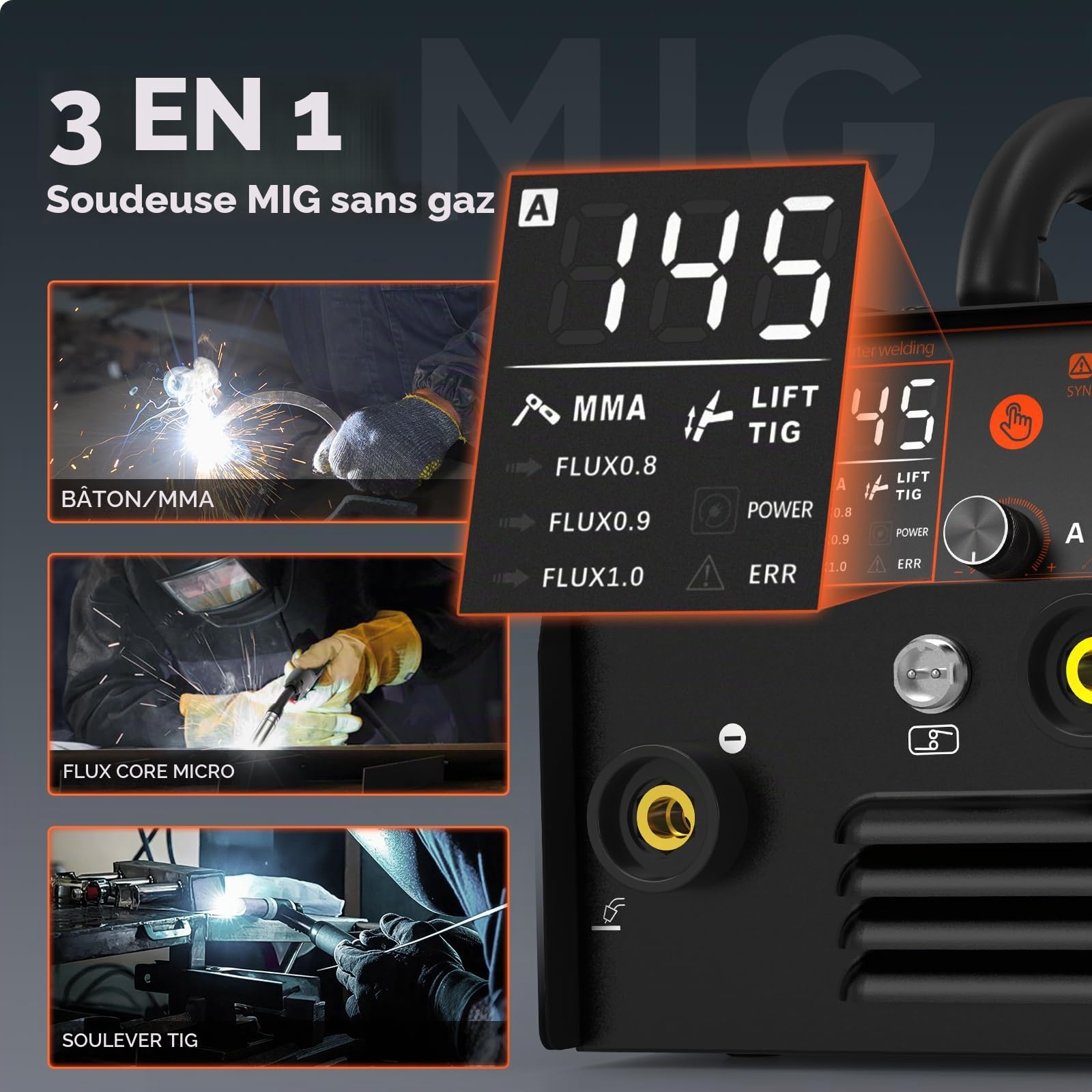 H HZXVOGEN MIG145II 145A Poste à Souder Fil Fourré Sans Gaz, 3 en 1 MIG/ARC/Lift TIG, Contrôle Synergique, IGBT Inverter, Écran LED, Compact pour Débutants & DIY Maison
