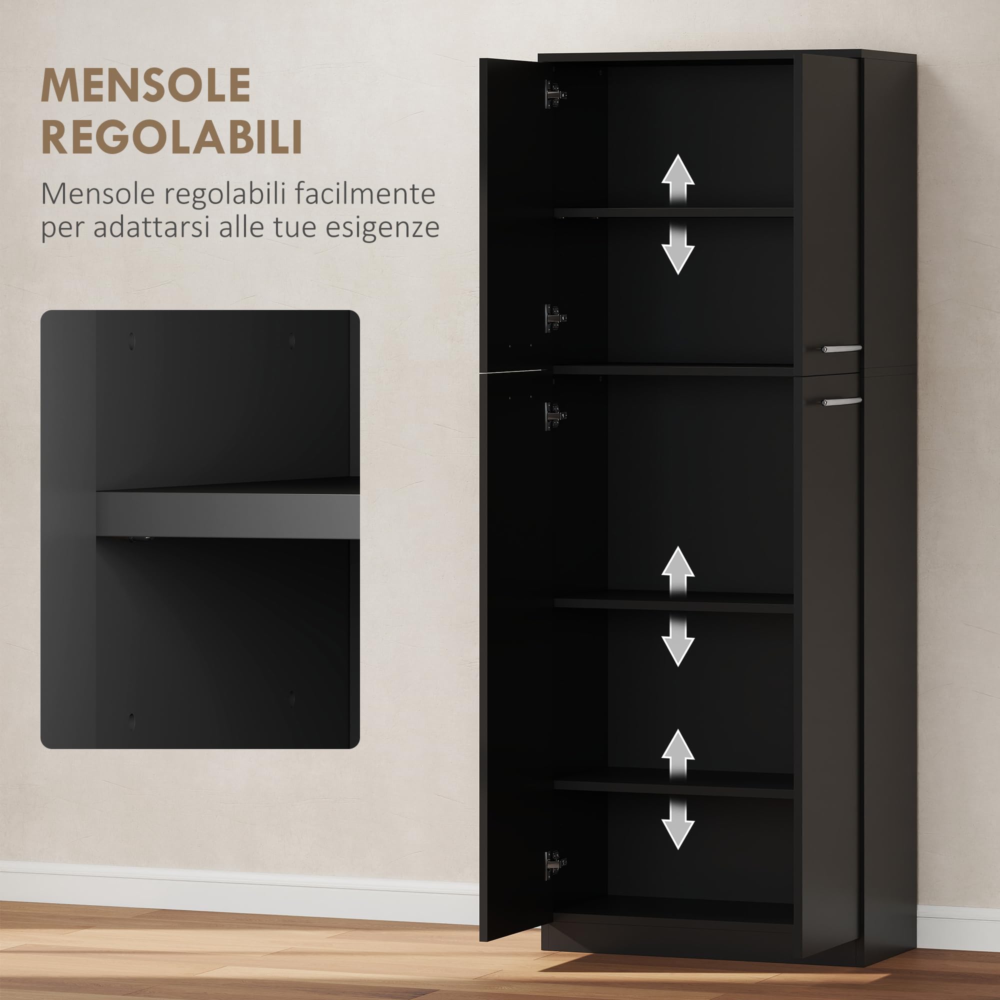 HOMCOM Credenza Cucina, Mobile Dispensa con 2 Armadietti, Mobile Cucina con Ripiani Regolabili in MDF, per Sala da Pranzo, Soggiorno, Salotto, 59x31x155 cm, Nero
