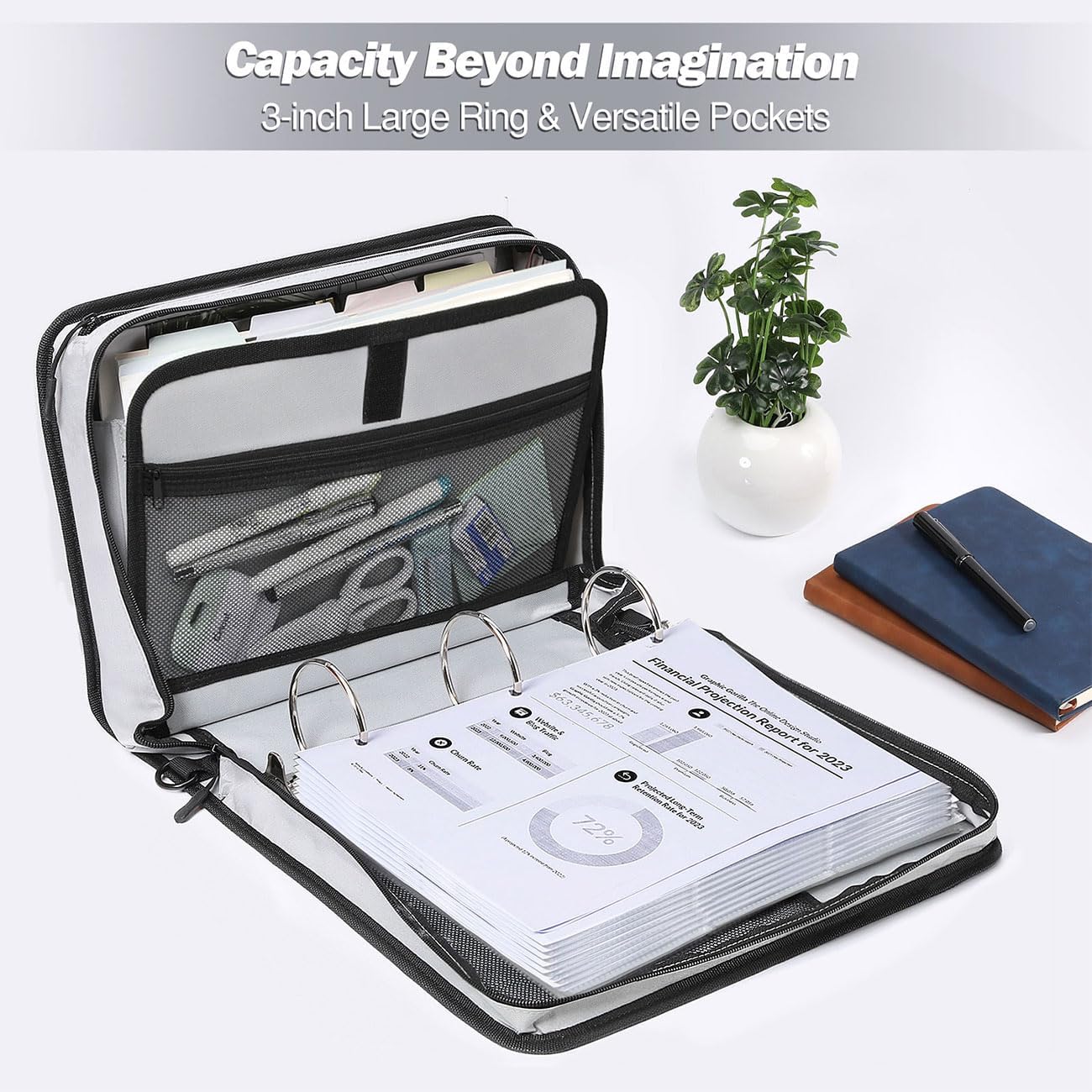 MoKo Zipper Binder, 3-Inch 3 Rings Binder with Zipper, 600 Sheet Capacity Multi-Pocket School Bag Organizer, Handle and Shoulder Strap Included, Black & Gray