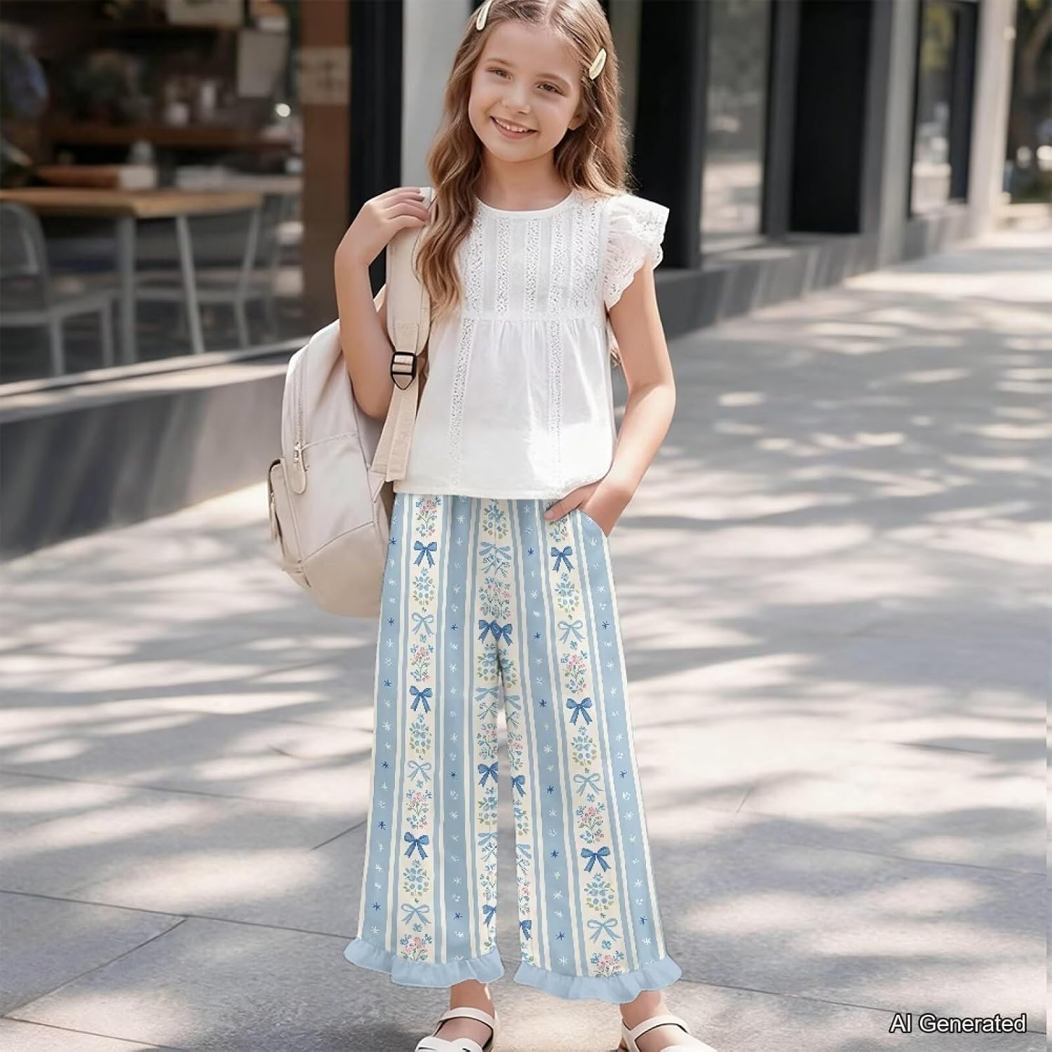 Wanyint Girls Wide Leg Ruffle Pants High Waisted Pants with Pockets Baggy Straight Trousers Y2K Outfits for 5-14 Years