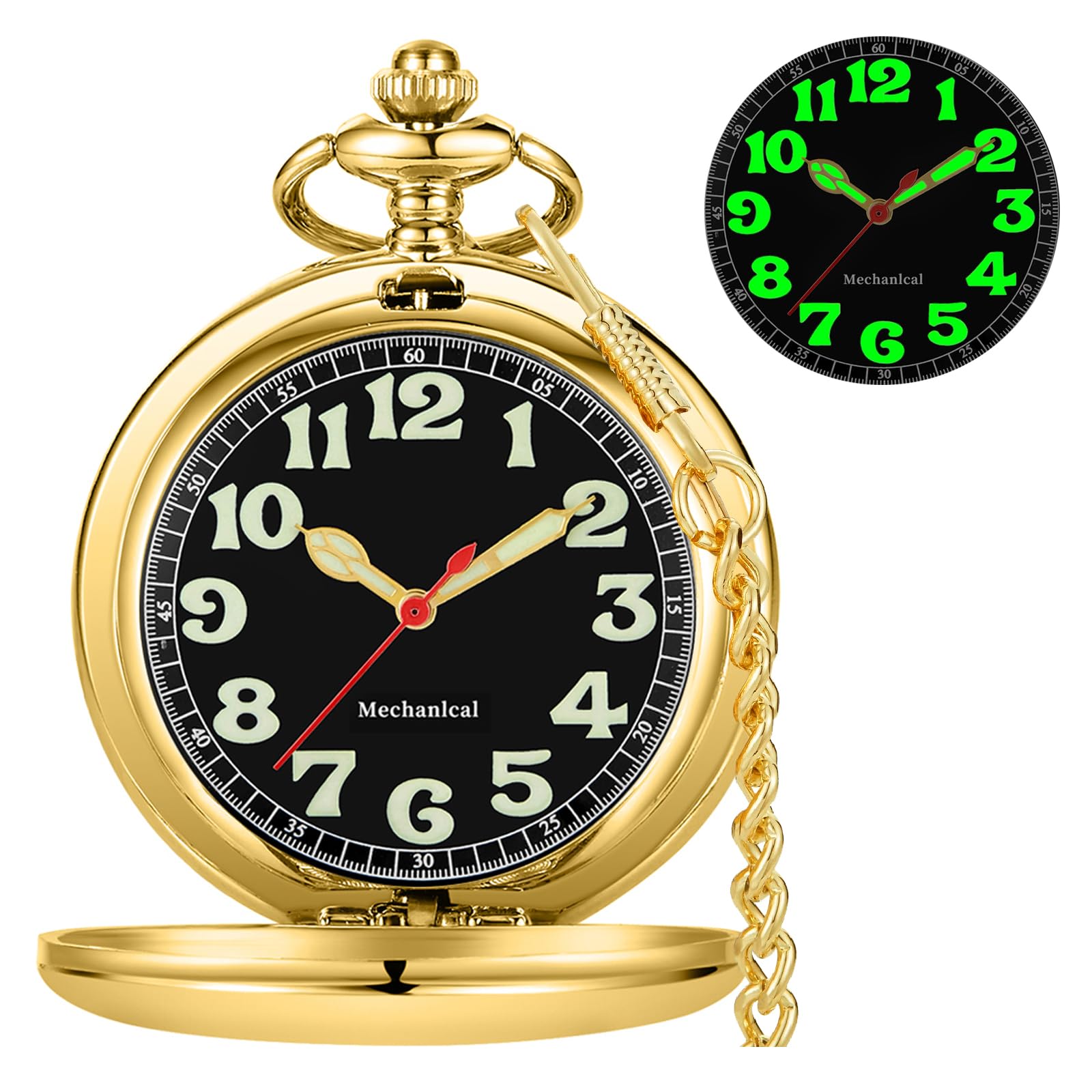 Pocket Watch Hand Wind Mechanical Luminous Arabic Numerals with Chain&Box Best Gift(Gold), gold-08, gift-image-46