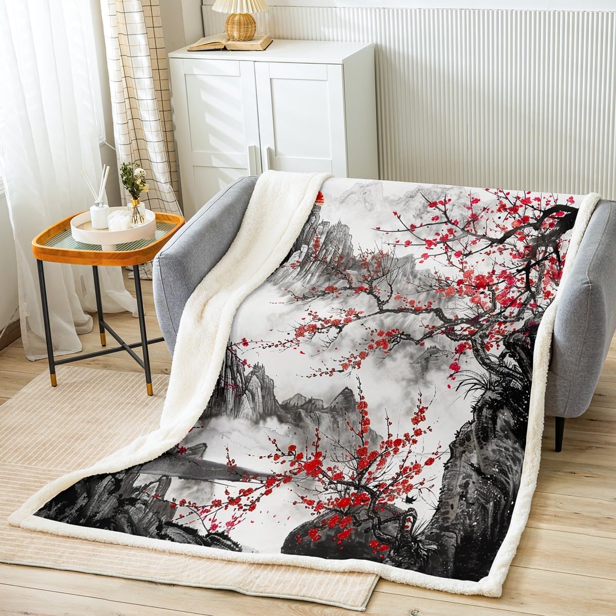 Feelyou Cherry Blossoms Fleece Throw Blanket Throw 50"x60" Kids Japanese Style Plush Blanket for Boys Girls Teens Fuji Mountain Decor Home Decor Sherpa Blanket Red Sun Ink Painting Down Fuzzy Blanket