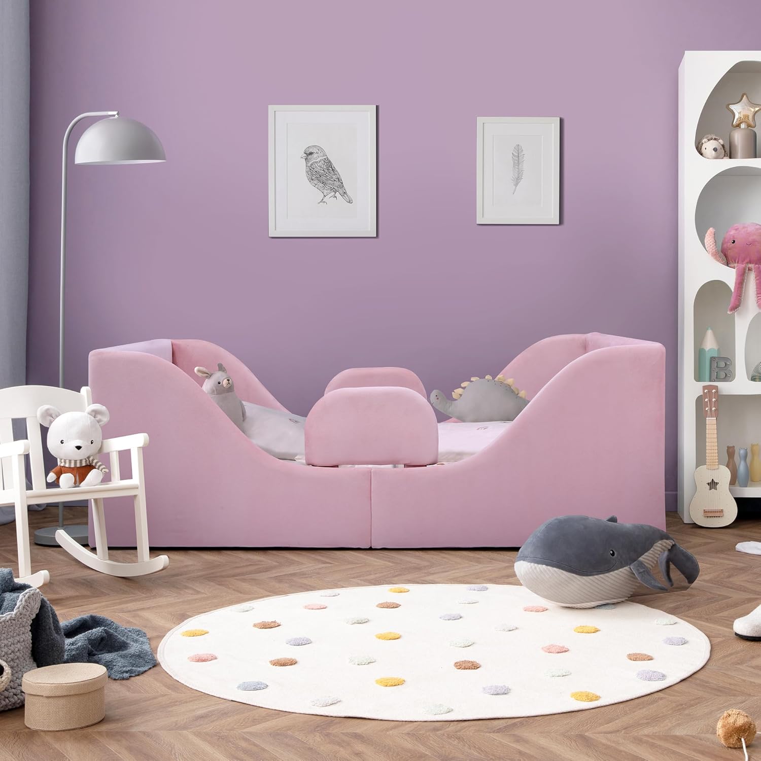 Toddler Bed, Child Bed for Kids with Safety Rails, Standard Crib Size Toddler Bed Frame for Kids 1-7 Years, Certified Soft Velvet Montessori Bed (Pink)