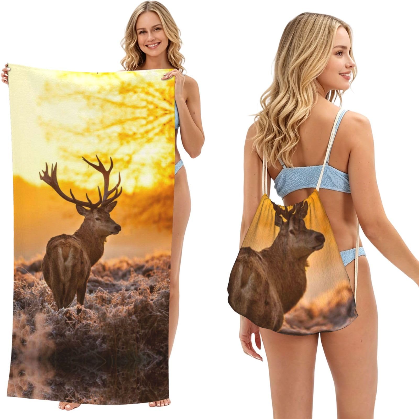 SATUSA Antler Red Deer Print 2-In-1 Foldable Beach Towel Backpack â€“ Camping, Yoga And Travel,Bath Towel With Built-In Storage, Convertible Beach Mat & Carry Bag