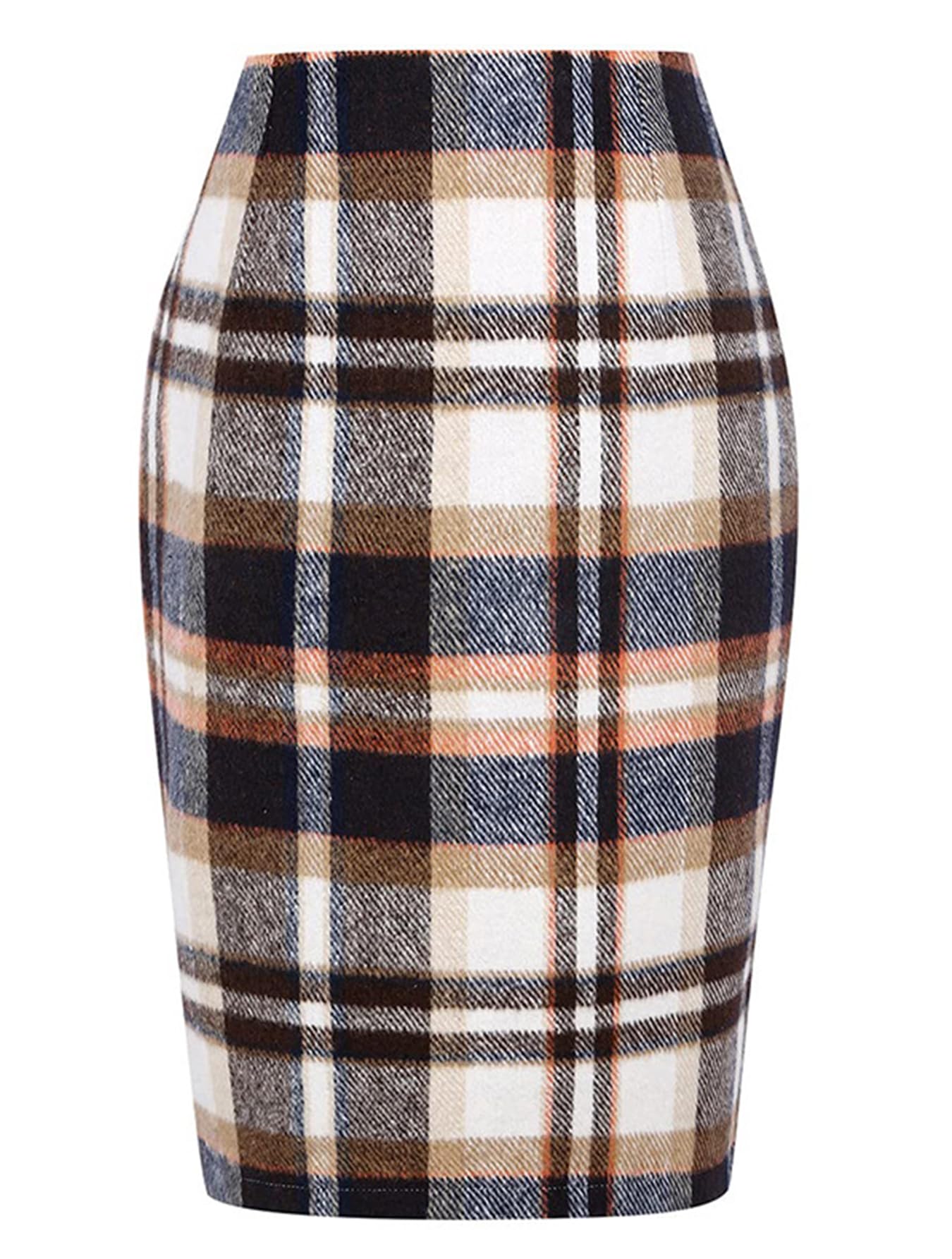 Womens Plaid Pencil Midi Skirt High Waist Zipper Bodycon Knee Length Skirt Fall Winter