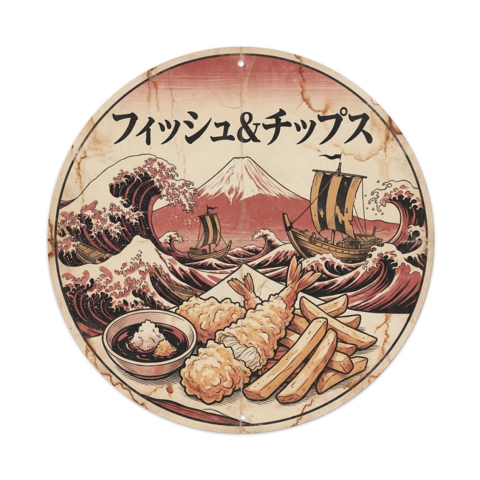 Fish And Chips Seafood Retro Woodblock Japanese Culture Metal Tin Sign
