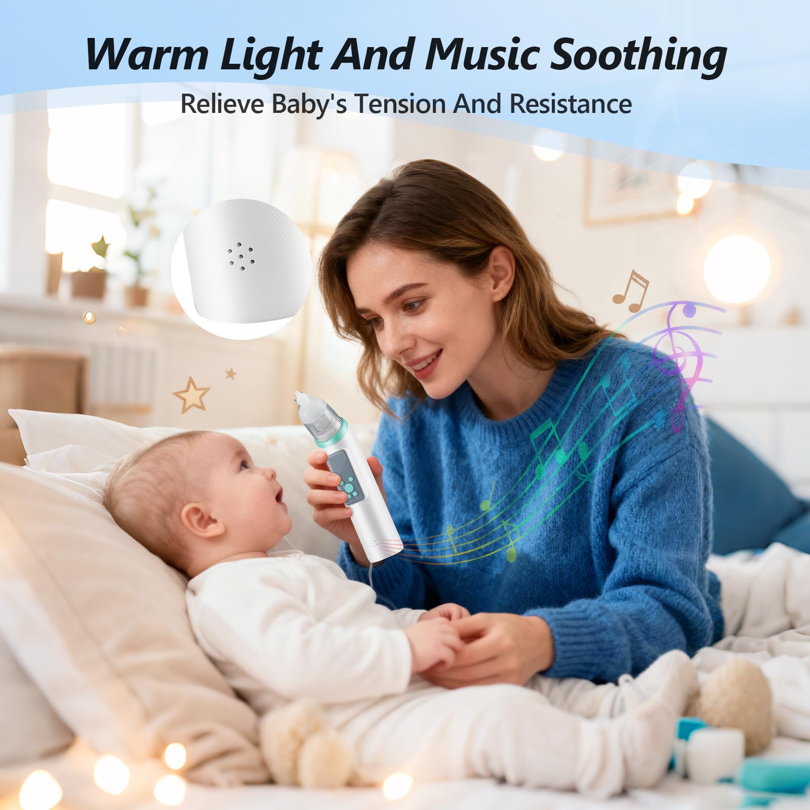 Elektrischer Baby Nasensauger mit Musik und beruhigendem Licht, Elektrischer Baby-Nasensauger mit 5 Saugstufen und 3 weiche Silikonspitzen, Baby-Nasensauger für Neugeborene und Kleinkinder