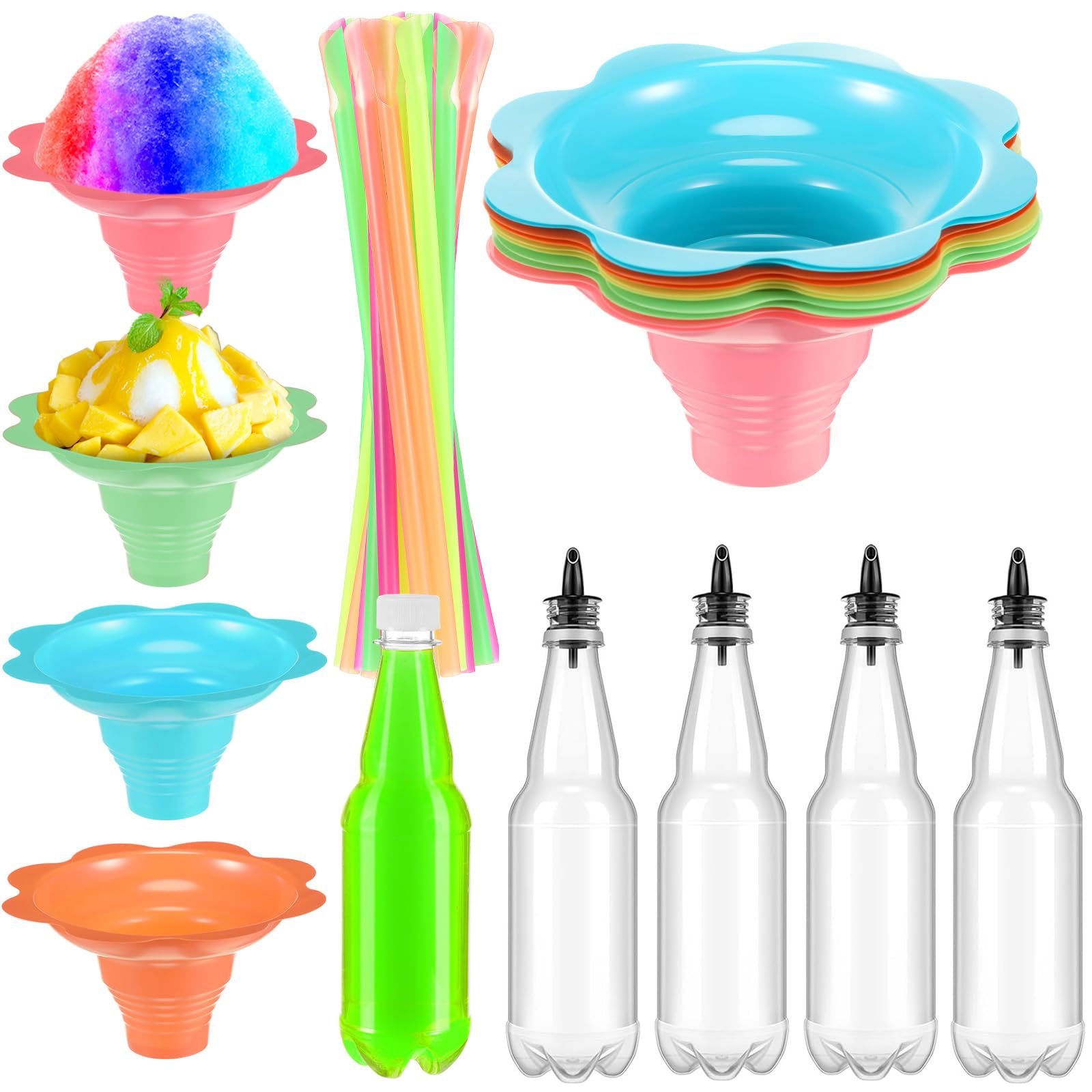 Zhehao Shaved Ice Party Accessories Includes 5 Snow Cone Syrup Bottles with Pour Spout 50 Snow Cone Cups 50 Spoon Straws Shaved Ice Syrup Flavors for Birthday Summer Hawaiian Party