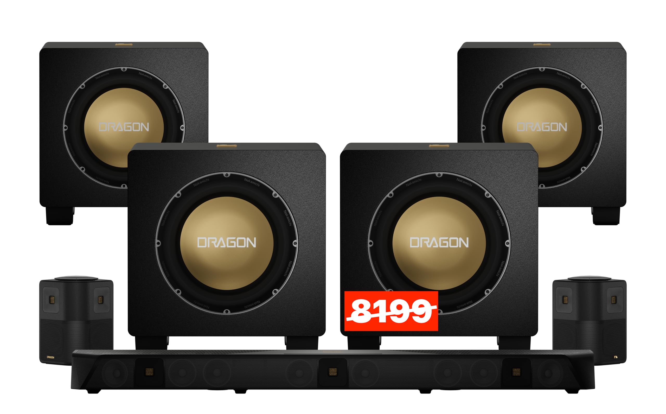 Dragon 11.4.6 Ch Surround System w Dolby Atmos/DTS:X Pro (Pro Cinema Engine), HiFi AMTs, Quad Reference 12" Subs, Bipolar Surr, 6 Discrete Height Ch, 5500Watts Max Output. AVR Grade Soundbar