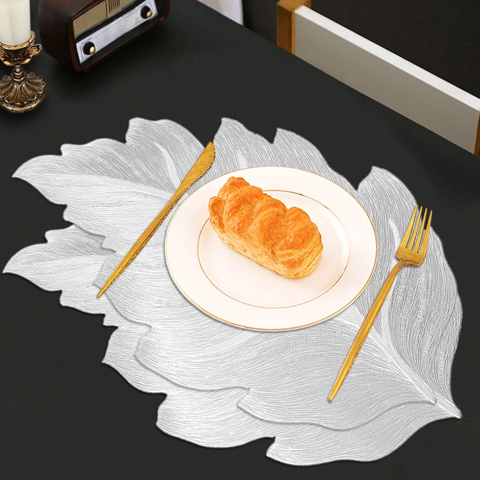 Tovaglietta all'americana in PVC a forma di foglia, 10 pezzi, argentata, decorativa, da cucina, moderna, 32 x 50 cm