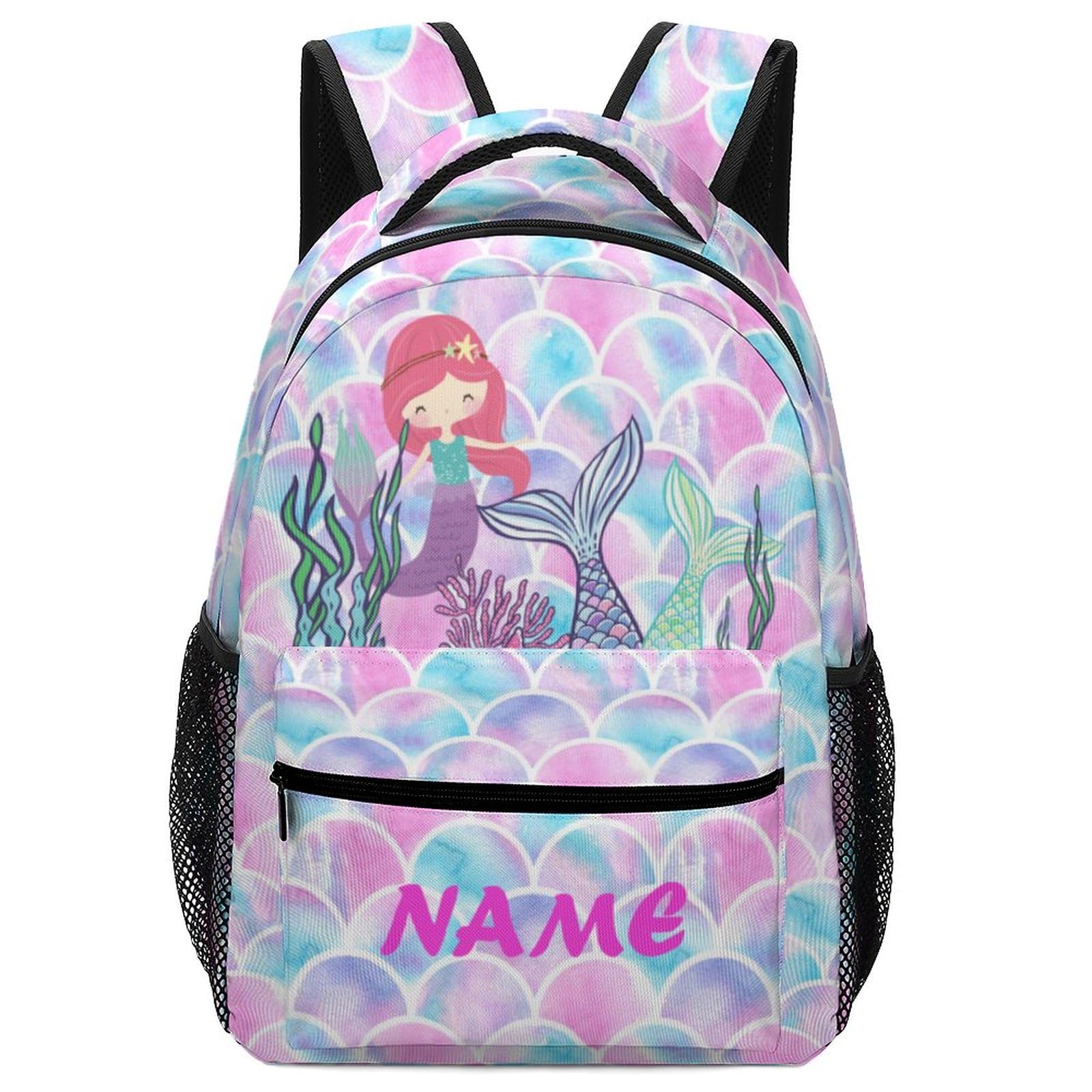 Aicihert Custom Mermaid Fish Scales Kid Backpack Personalized Kid's Name Text Children School Bag Customized Bookbag Backpack for Boys Girls Student