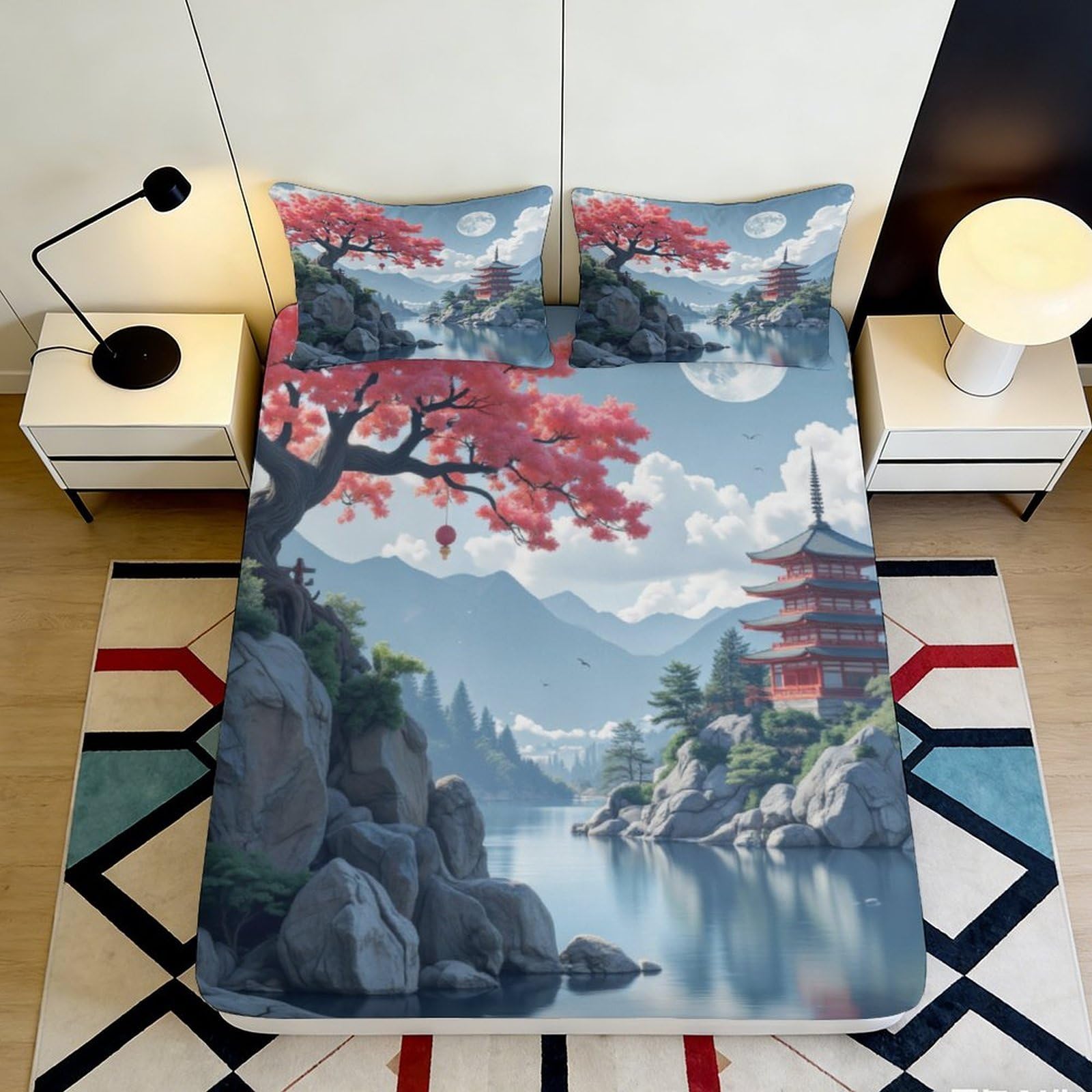 3D Printed Cherry Blossom Fitted Sheet Microfiber Soft Breathable Pagoda Bed Cover for Bedroom Dormitory Guest Room Mattress Protection Decor 160x200x25cm