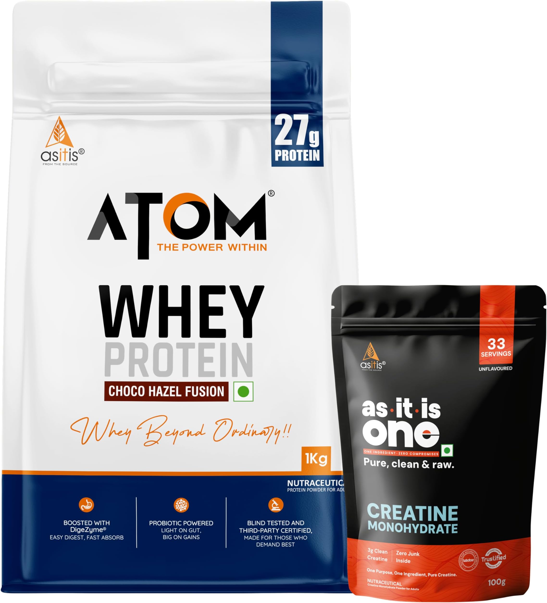 AS-IT-IS Nutrition ATOM Whey Protein Choco Hazel Fusion 1kg+ AS-IT-IS Creatine 100g (Combo Pack)