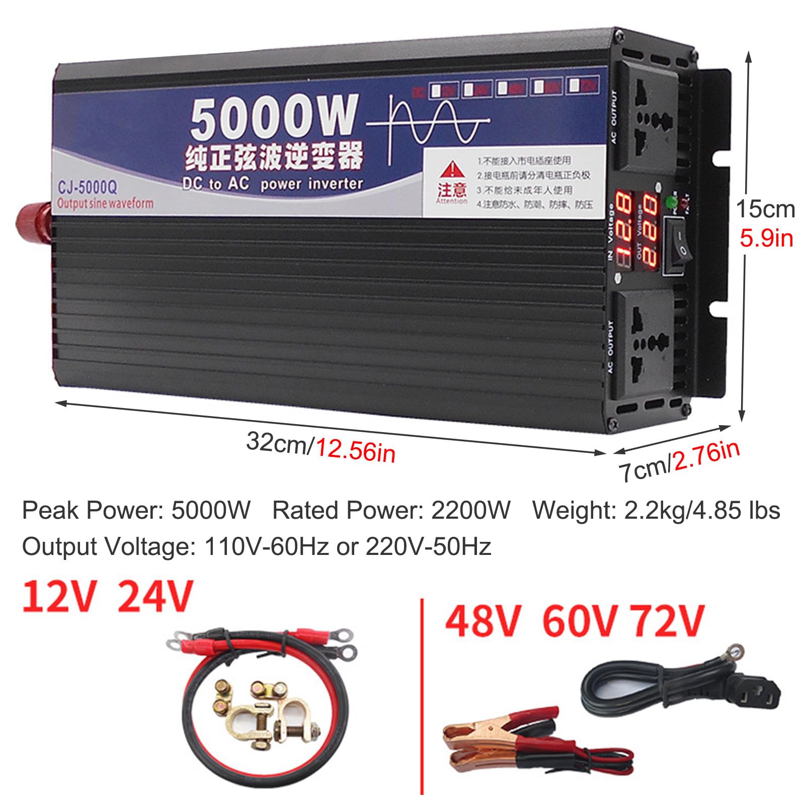 Wechselrichter 5000 W, Reiner Sinus-Auto-Wechselrichter DC 12 V 24 V 48 V 72 V auf AC 220 V/110 V, 2 AC-Steckdosen, Fahrzeug-Wechselrichter mit Stromkabel,24V to 220V