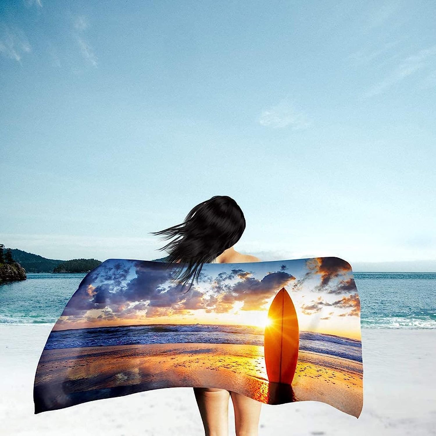Grande Telo Mare Grande In Microfibra Anti-Sabbia Uomo Donna, Teli Asciugamano Mare, 3D Tavola Da Surf Al Tramonto Telo Mare Telo Da Campeggio Bikini Coprire 200 X 200 Cm -2K4U+A8G