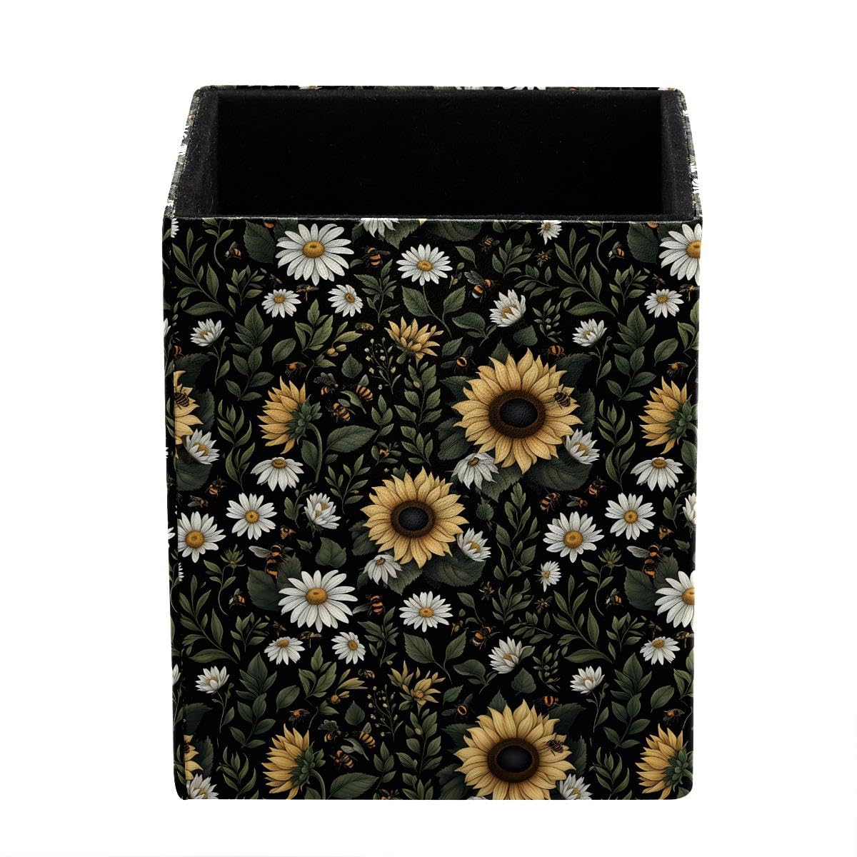 HEOEH Sunflower Daisy Pen Holder Pen Pot, Square Pencil Cup for Desk