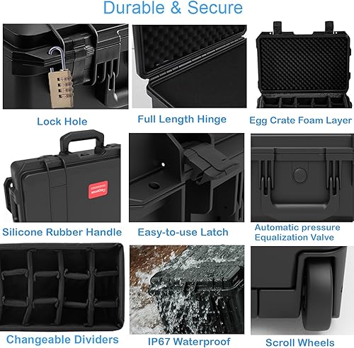 Miniatura 5 de Funda rígida impermeable para cámara de viaje con divisor acolchado, 22 x 14 x 10 pulgadas, funda con ruedas para cámara, equipo, equipo, a prueba