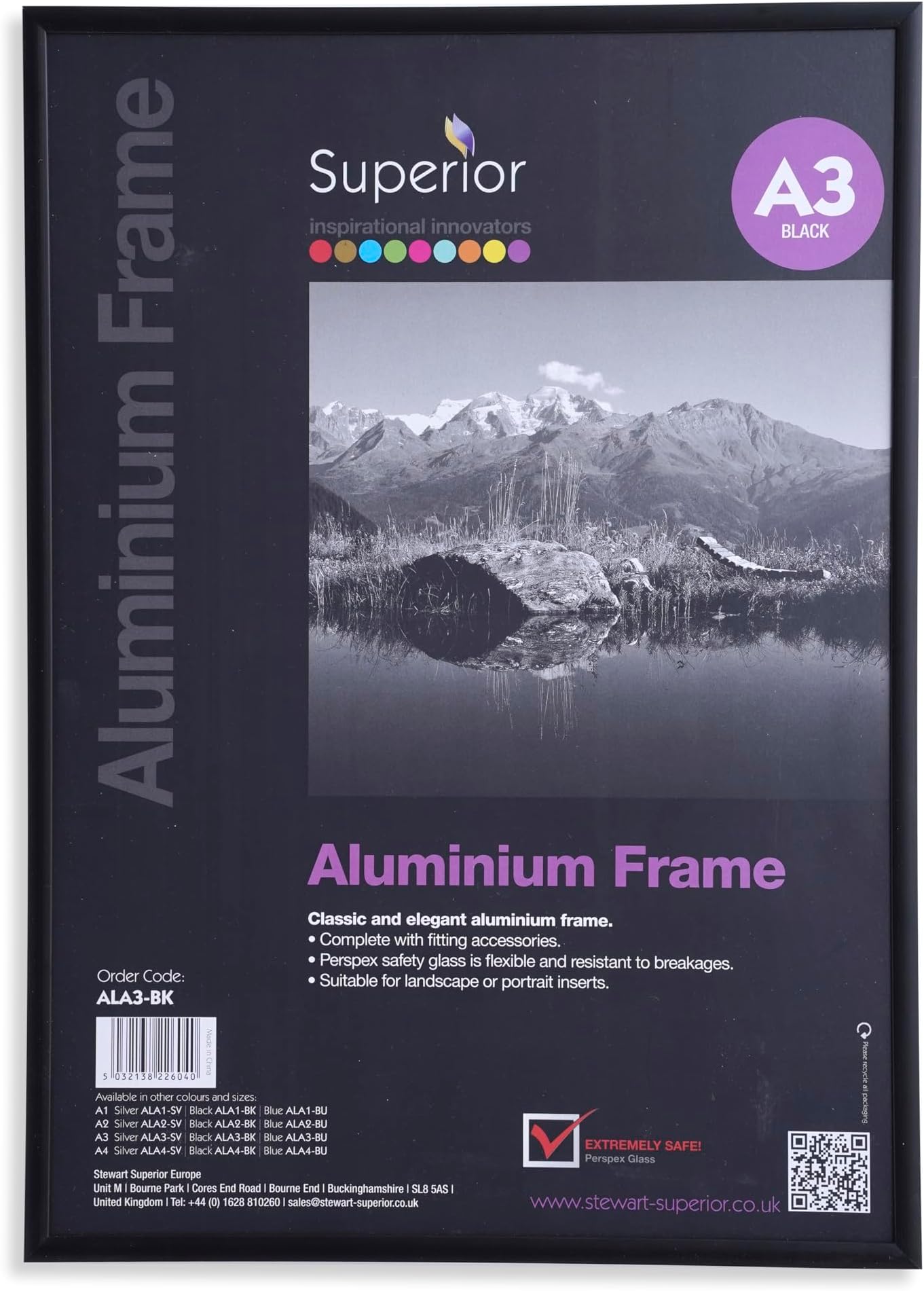 Stewart Superior A3 Brushed Aluminium Picture Frame with Perspex Safety Glass - Black