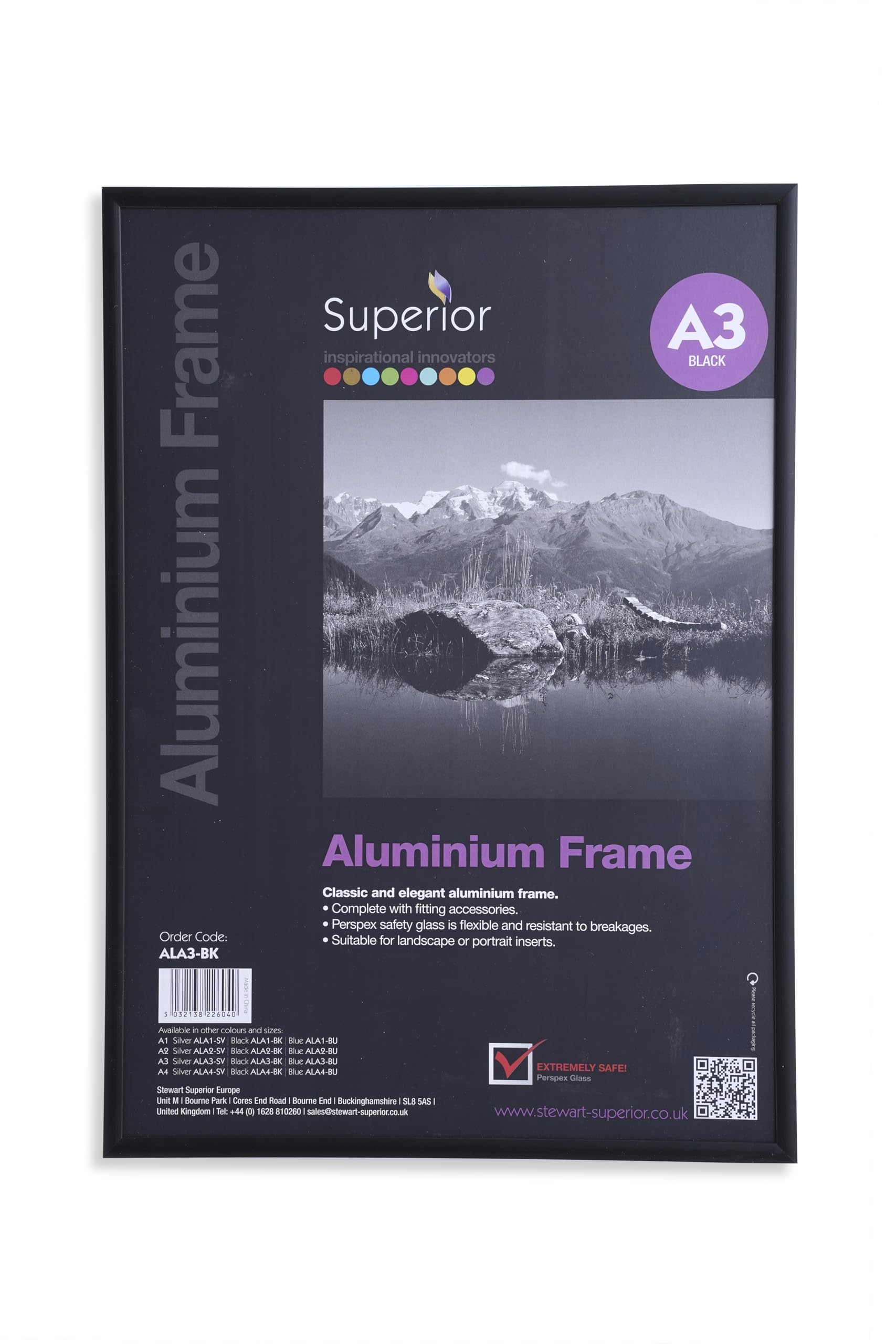 Stewart Superior A3 Brushed Aluminium Picture Frame with Perspex Safety Glass - Black
