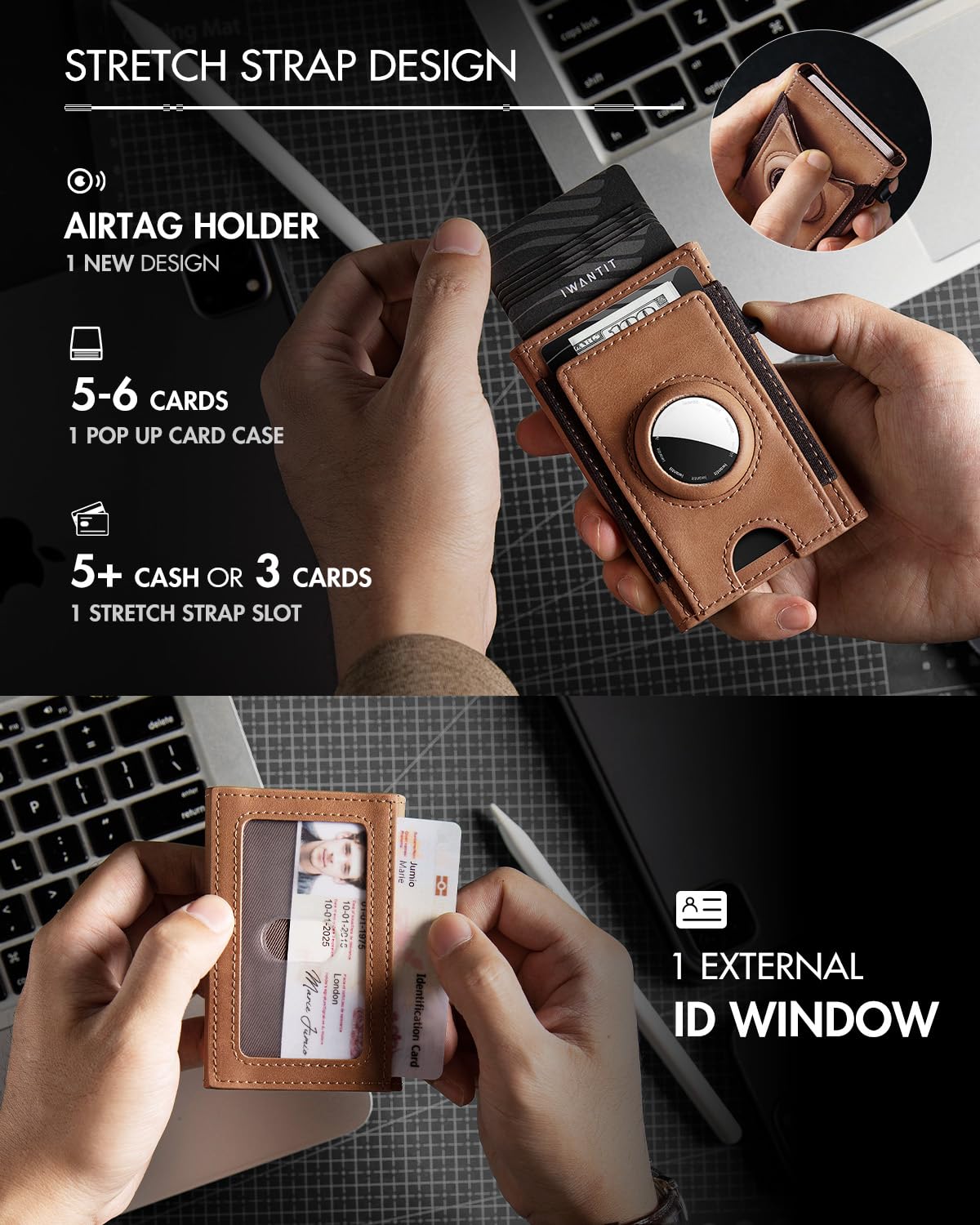 Billetera AirTag, delgada y minimalista con bolsillo frontal de piel, con bolsillo frontal inteligente, con ventana de identificación, para 7 a 8 tarjetas, ranura para efectivo, bloqueo RFID, regalo 3