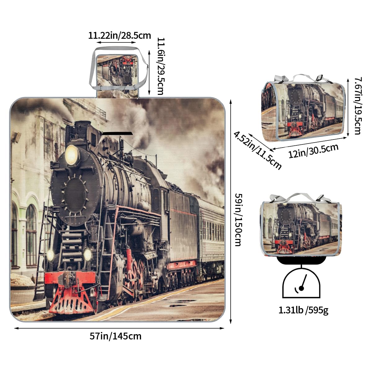 Shimoshe Picnic Blankets 57”x 59”, Vintage Express Steam Train Waterproof Sandproof Picnic Mat Lightweight Foldable Beach Blanket for Camping Park Grass Beach Outdoor Blanket
