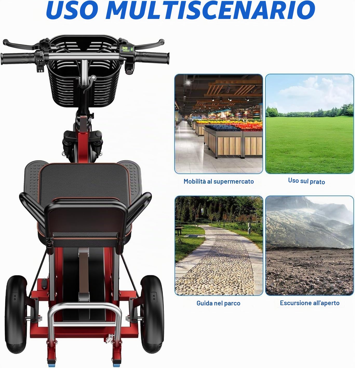 Generico Triciclo Adulti Leggeri per Anziani Scooter da Viaggio con Caricabatterie 3 Ruote Pieghevole Portatile Leggero Compatto Collassabile
