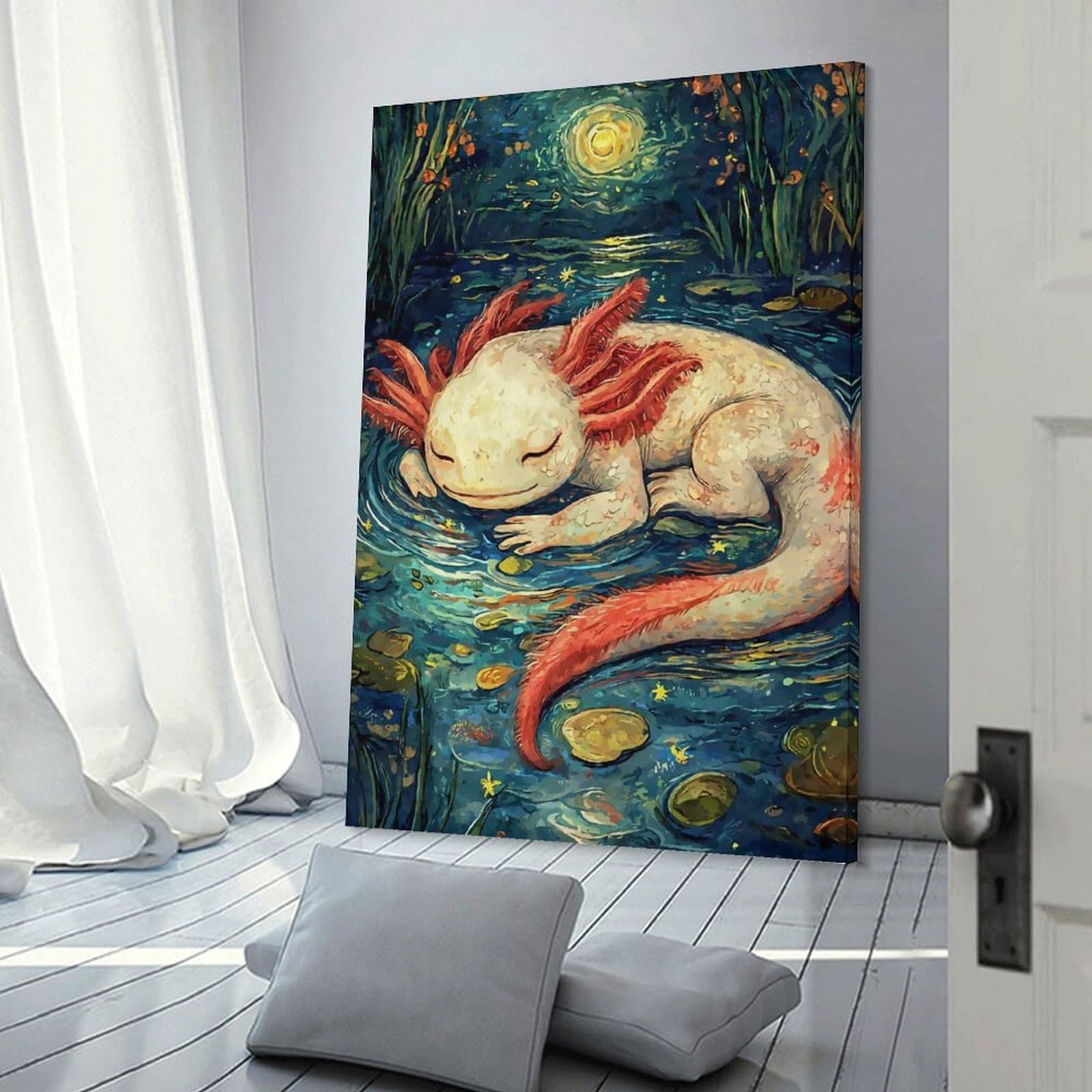 Junmoney Frame-Style-12 Axolotl Sleeping Starry Night Canvas Wall Decor, 20X30inch(50X75cm), For Flats, Guest Rooms Or Compact Rooms, Decorative Canvas Decor For Home Updates