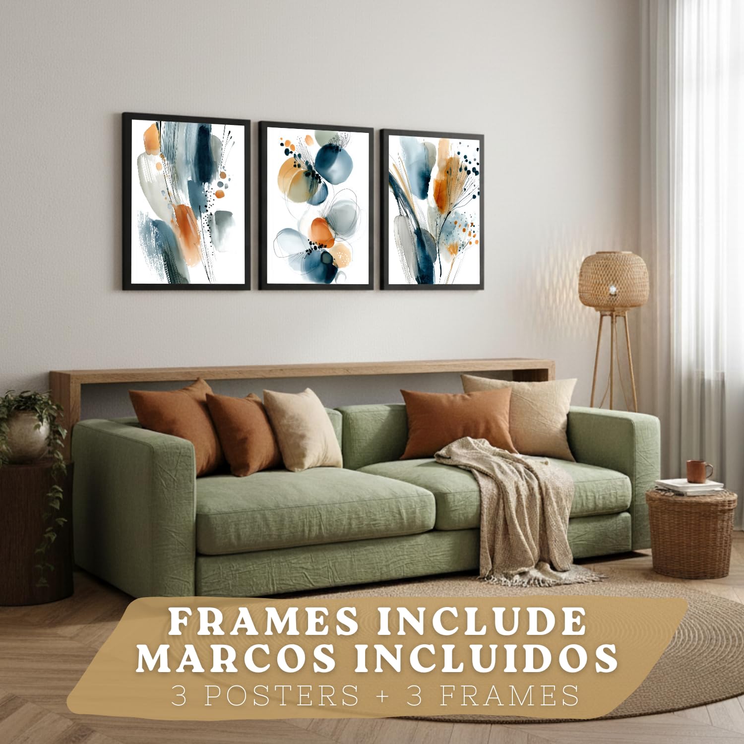 Nacnic Juego 3 Láminas Laminas Decorativas Pared Cuadros Abstractos De Acuarela, Azul, Naranja. Decoraciones Paredes. Cuadros Para Para Salón Y Dormitorio Modernos. Tamaño A3 Marco Negro