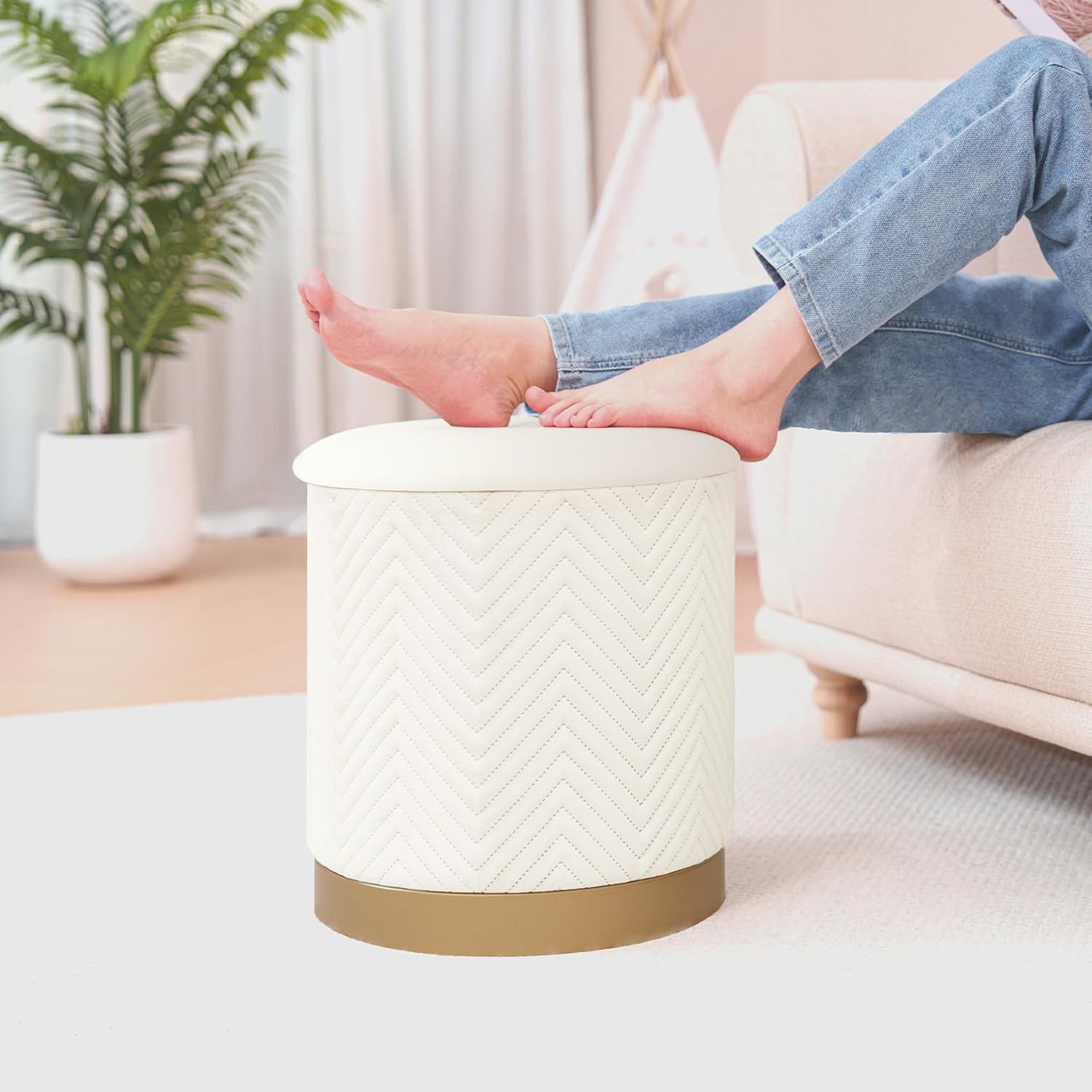 Round Velvet Storage Ottoman with Tray Lid, 16.3" Foldable Ottoman Footstool with Metal Base, Upholstered Storage Footrest for Dorm Living Room Bedroom, White