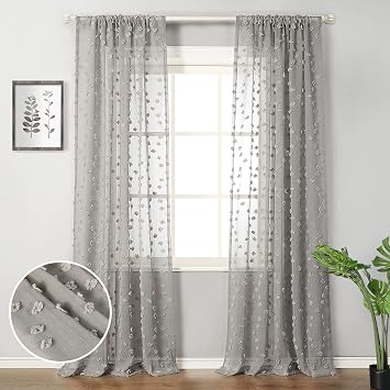 MYSKY HOME Grey Sheer Curtains with Pom Pom for Living Room 50x95,2 Panels | Light Filtering,Aesthetic Flowy Semi Sheer Gray Drapes with Design,for Girls Nursery Kids Bedroom Playroom Decor,Rod Pocket
