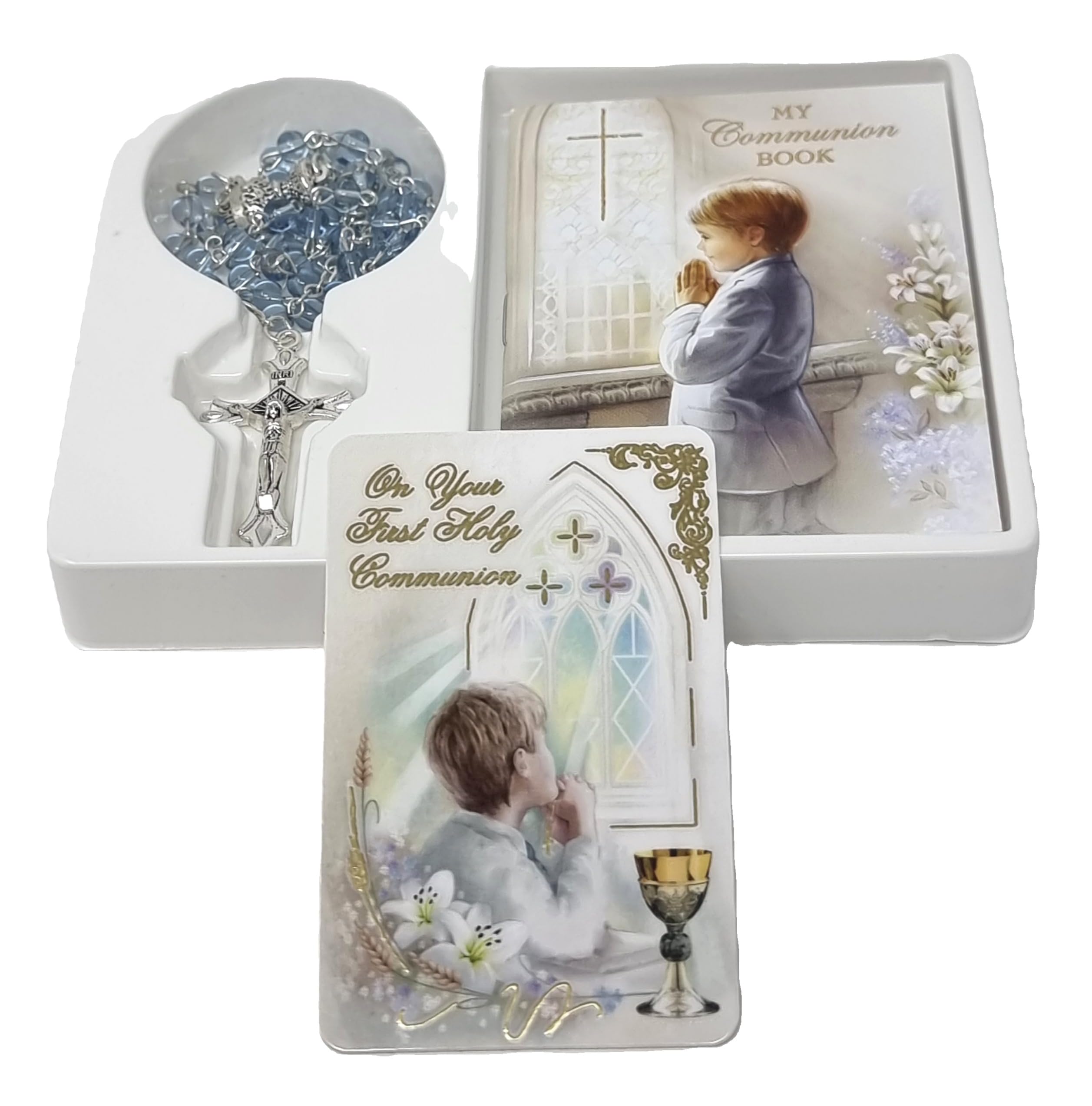celebrationgiftsforall First Holy Communion Prayer Book, Blue Glass Rosary and Prayer Card all Gift-boxed