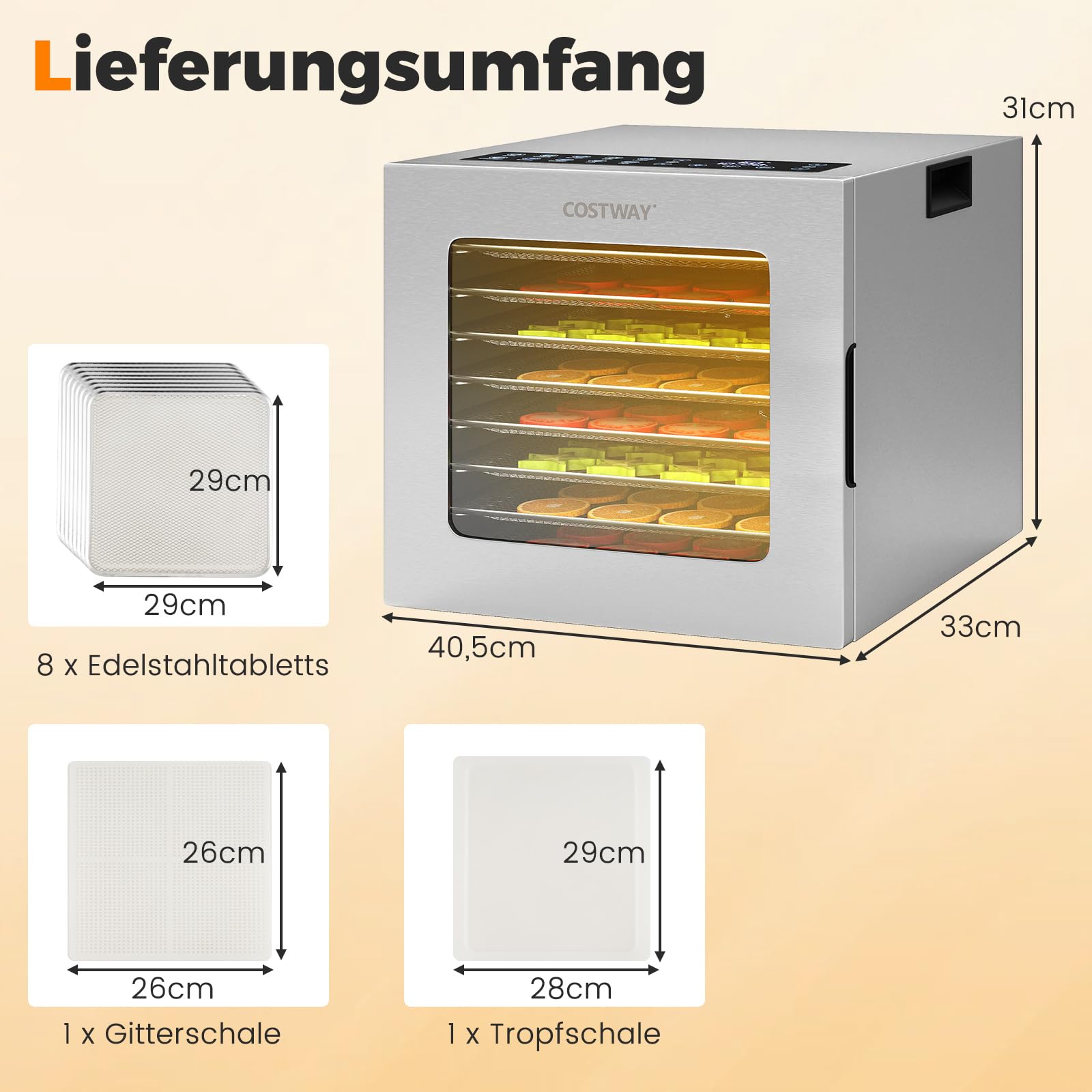 COSTWAY Suszarka 850 W z 8 wkładanymi półkami, urządzenie do suszenia z timerem 48 h i regulatorem temperatury 35℃-75°C, osuszacz do owoców, do żywności, mięsa, owoców