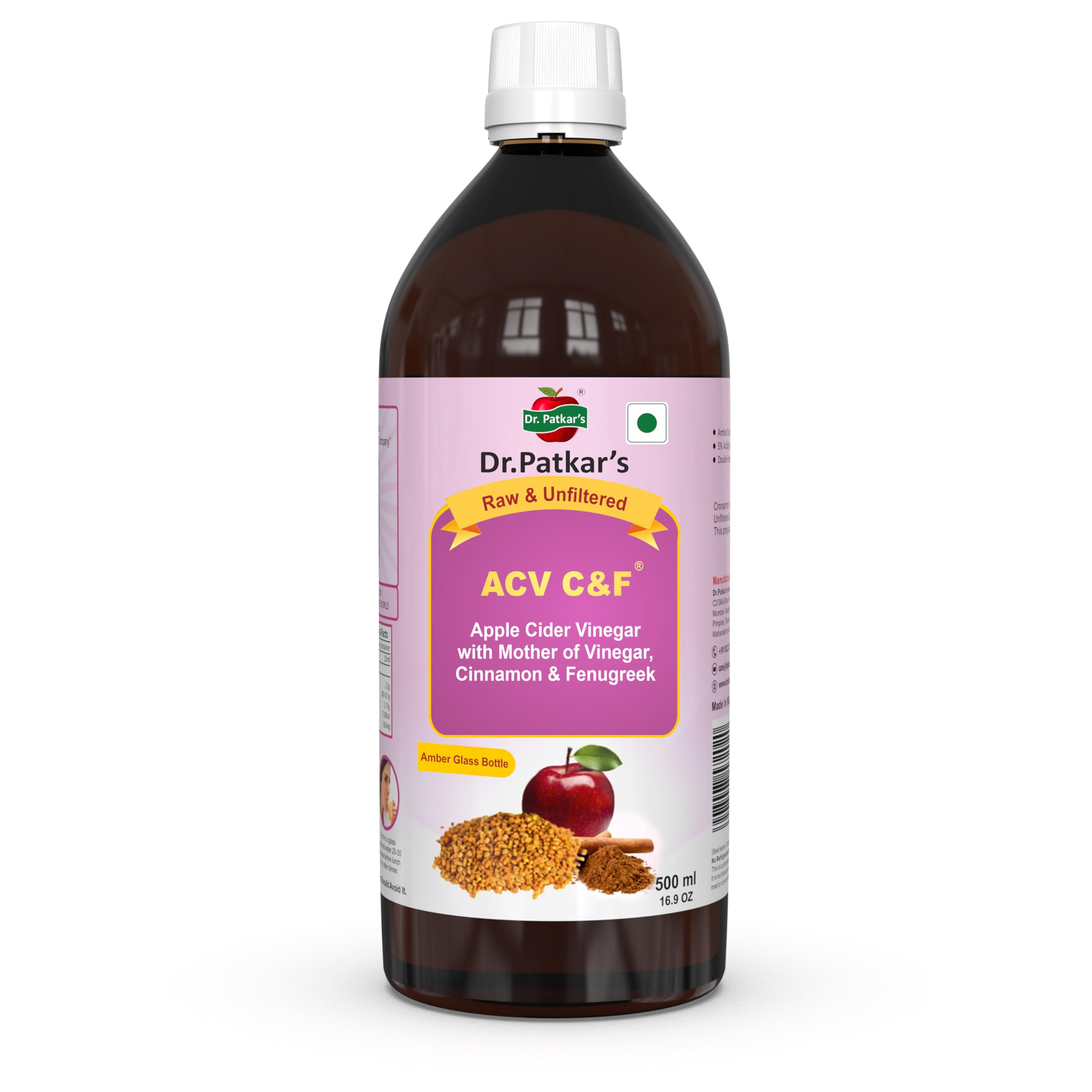Dr. Patkars Apple Cider Vinegar with Cinnamon & Fenugreek | Unfiltered & Undiluted | Suitable for Sugar & Diabetes Control with Improved Immunity & Lowers Bad Cholesterol (With Mother) 500ml (B017ISKZPG) Amazon Price History, Amazon Price Tracker