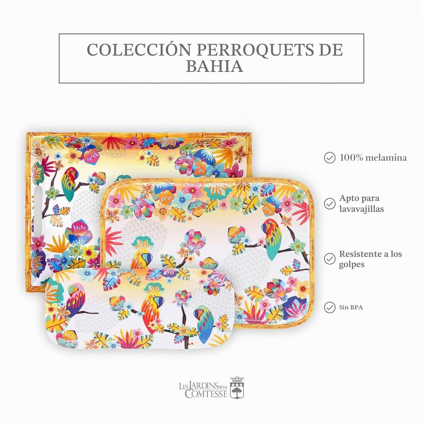 Les Jardins de la Comtesse – Bandeja grande rectangular con asas de melamina – Loros de Bahía – 50 cm – Multicolor – Vajilla cuasi-irrompible MelARTmine