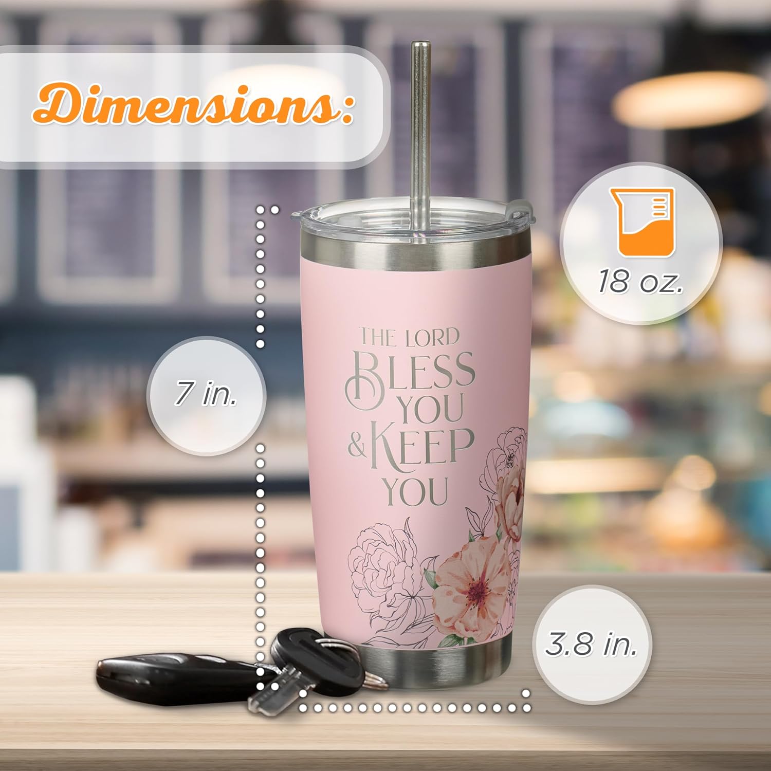 Christian Art Gifts Reusable Stainless Steel Scripture Travel Mug Tumbler w/Straw for Women: Bless You & Keep You Bible Verse, Double Wall Vacuum Insulated, Pop-up Lid, Hot/Cold, Pink Floral, 18 oz. - Image 3