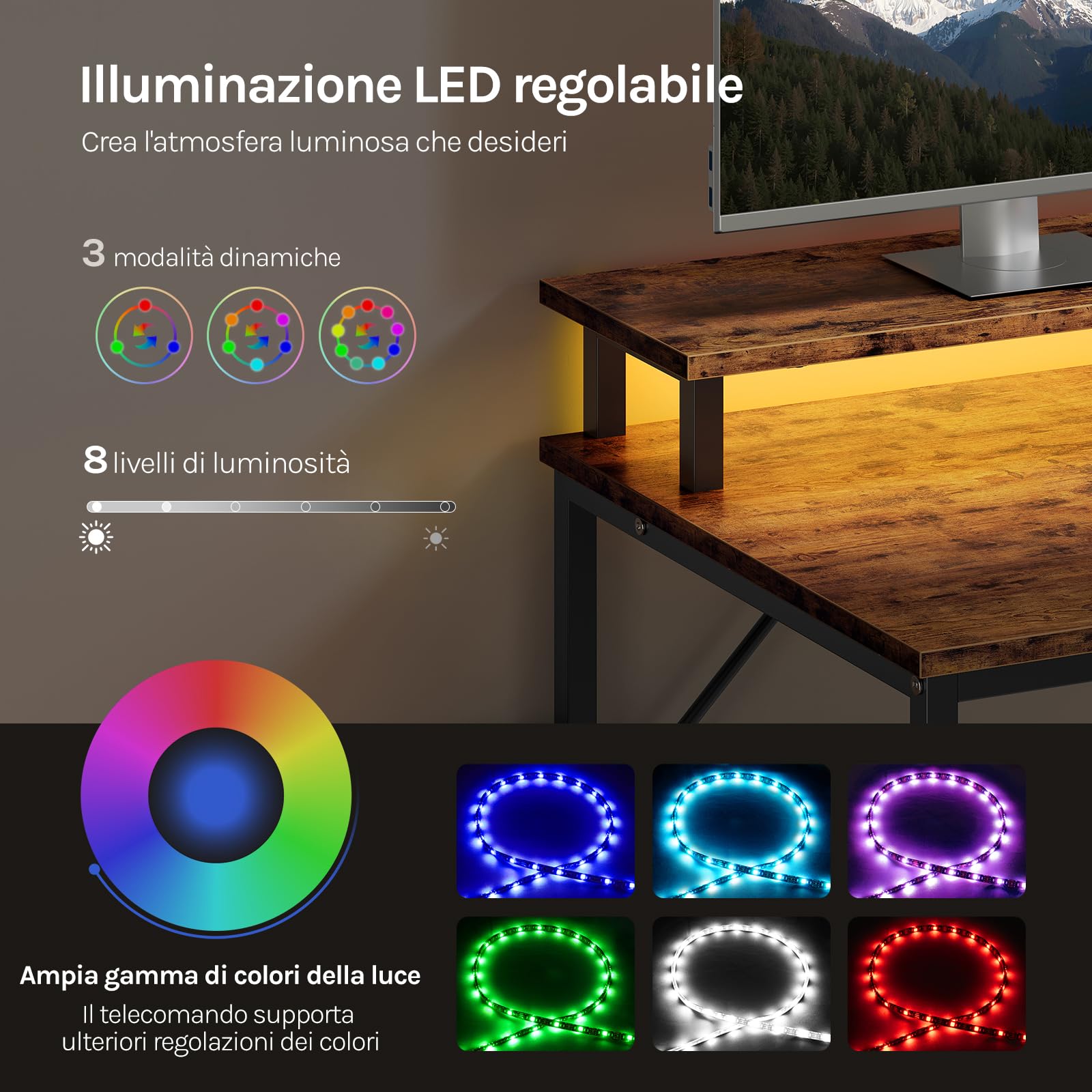 WOLTU Scrivania Angolare, Scrivania per Computer a L, Marrone Rustico | 180x80x84 cm con 5 Cassetti e 2 Ripiani, con LED, 2 Prese, 1 Porta USB e 1 Porta Type-C, per Ufficio, Studio