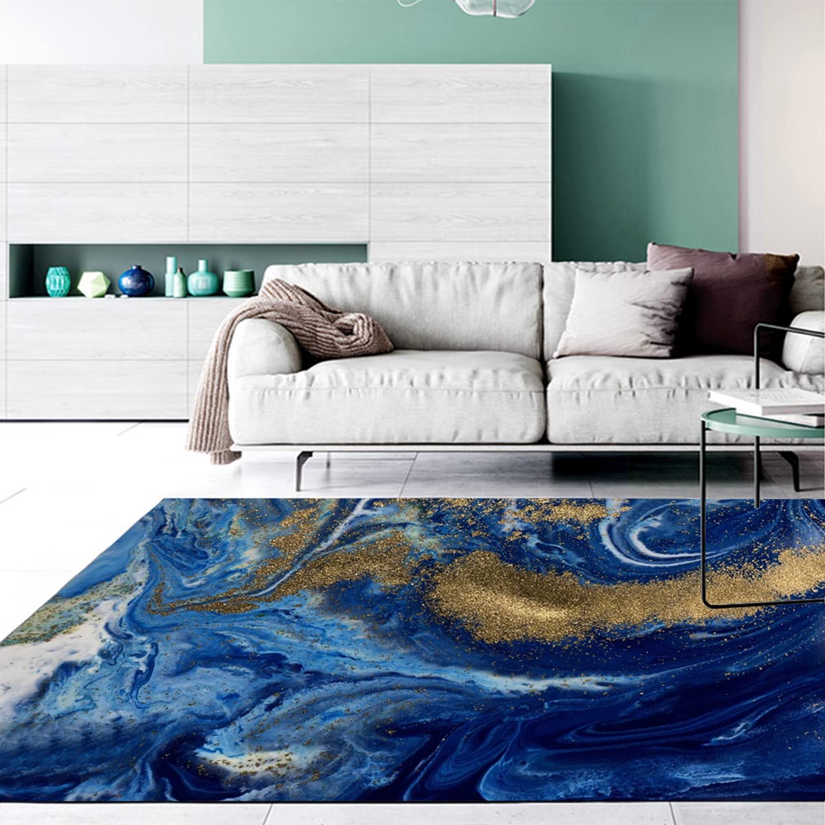 Modern Abstract Blue Gold Area Rug for Living Room Dining Room Bedroom Home Office Contemporary Art Deco Carpet Playroom Kitchen Hallway Washable 7x9