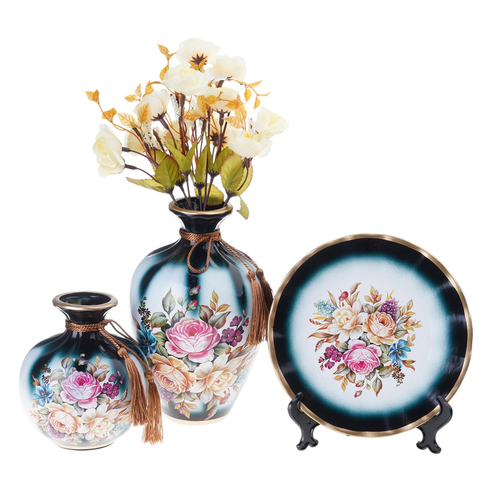 Set di 3 lussuosi vasi decorativi in ceramica con vassoio rotondo, eleganti decorazioni da tavolo per camera da letto e sala da pranzo, set di composizioni floreali in ceramica