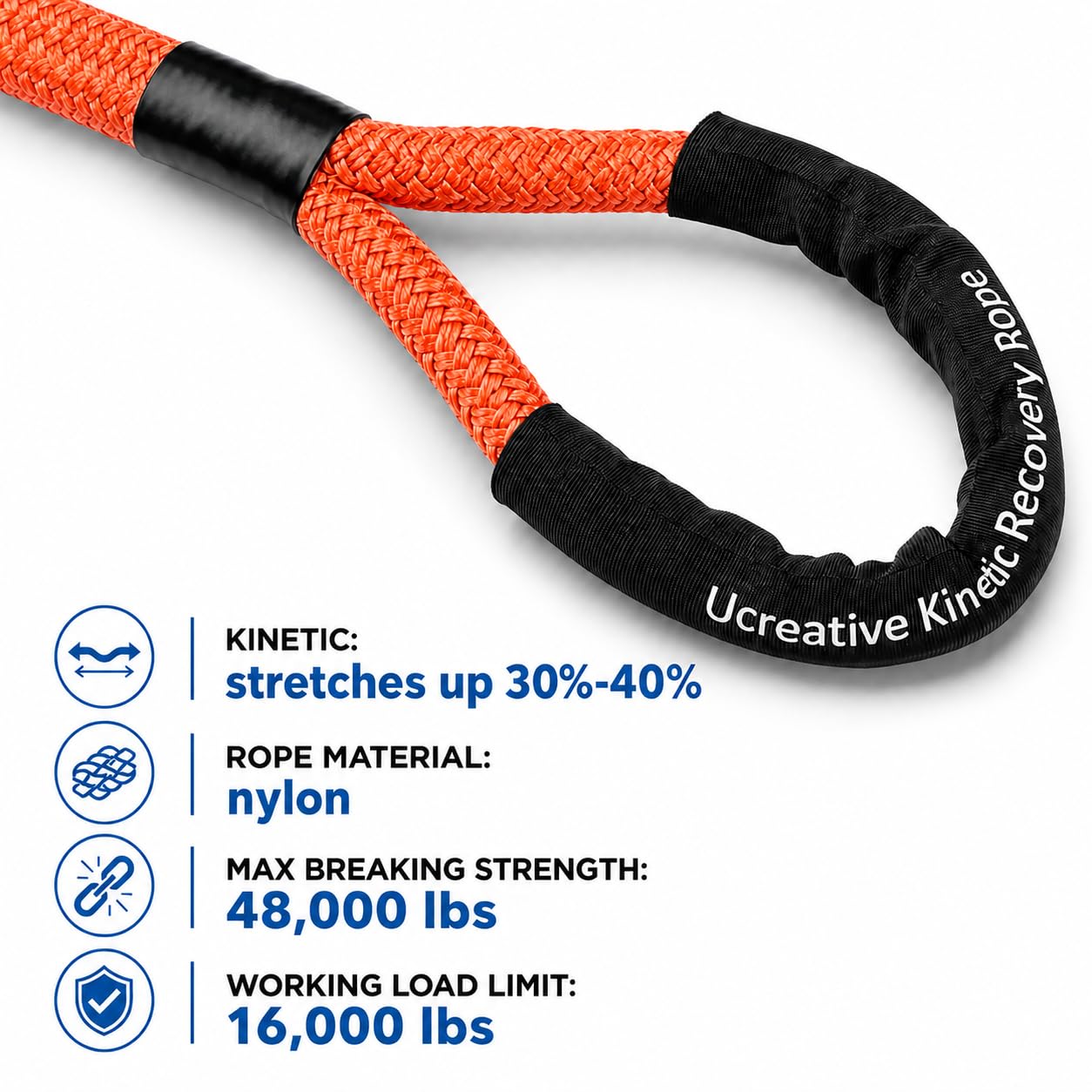 Ucreative Zestaw linek kinetycznych 2,5 cm x 30 ', maksymalna wytrzymałość na rozerwanie 21,8 kg, z 2 szt. syntetycznych, miękkich szekli, do pojazdów terenowych, 4WD, pick-up, truck, SUV-ów,