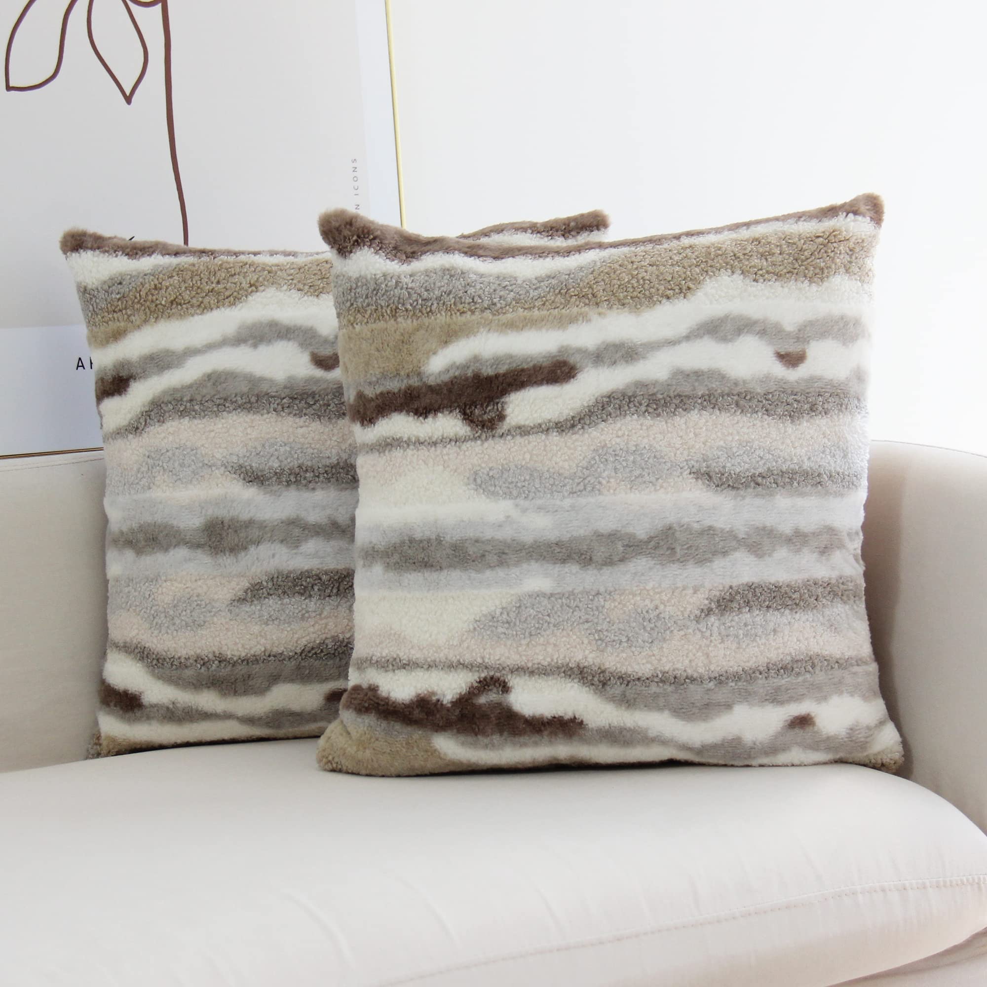 JOJUSIS Plush Short Wool Fluffy Decorative Throw Pillows Covers 20 x 20 Inch Luxury Soft Faux Fur Fleece Cushion Cover Pillowcase Pack of 2 Khaki