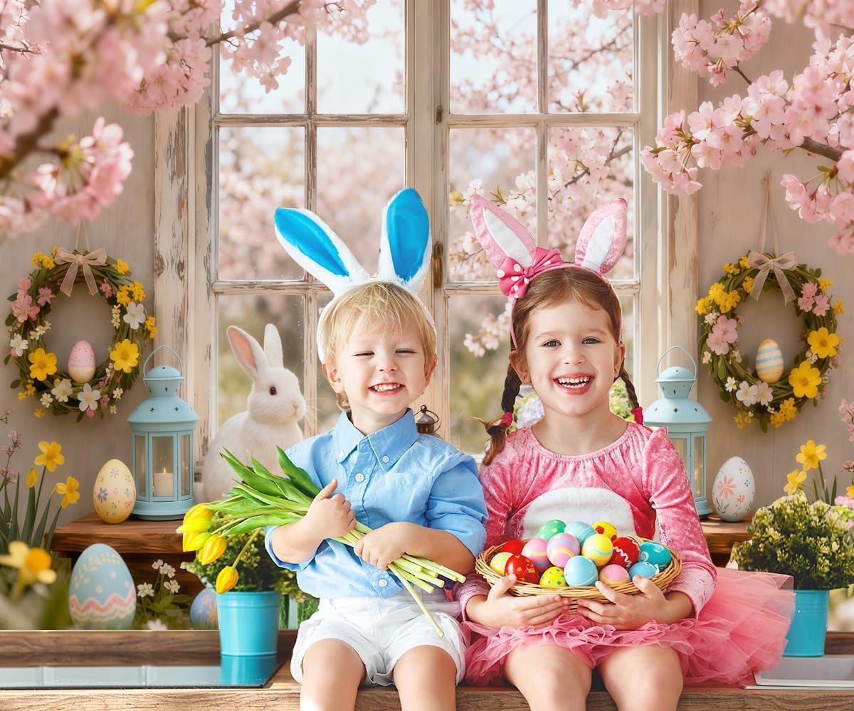 Happy Easter Backdrop 10x8ft Spring Window Scene Pink Flowers Cute Bunny Easter Photography Backdrops Spring Photo Booth Props for Photoshoot Party Decorations Wall Decor