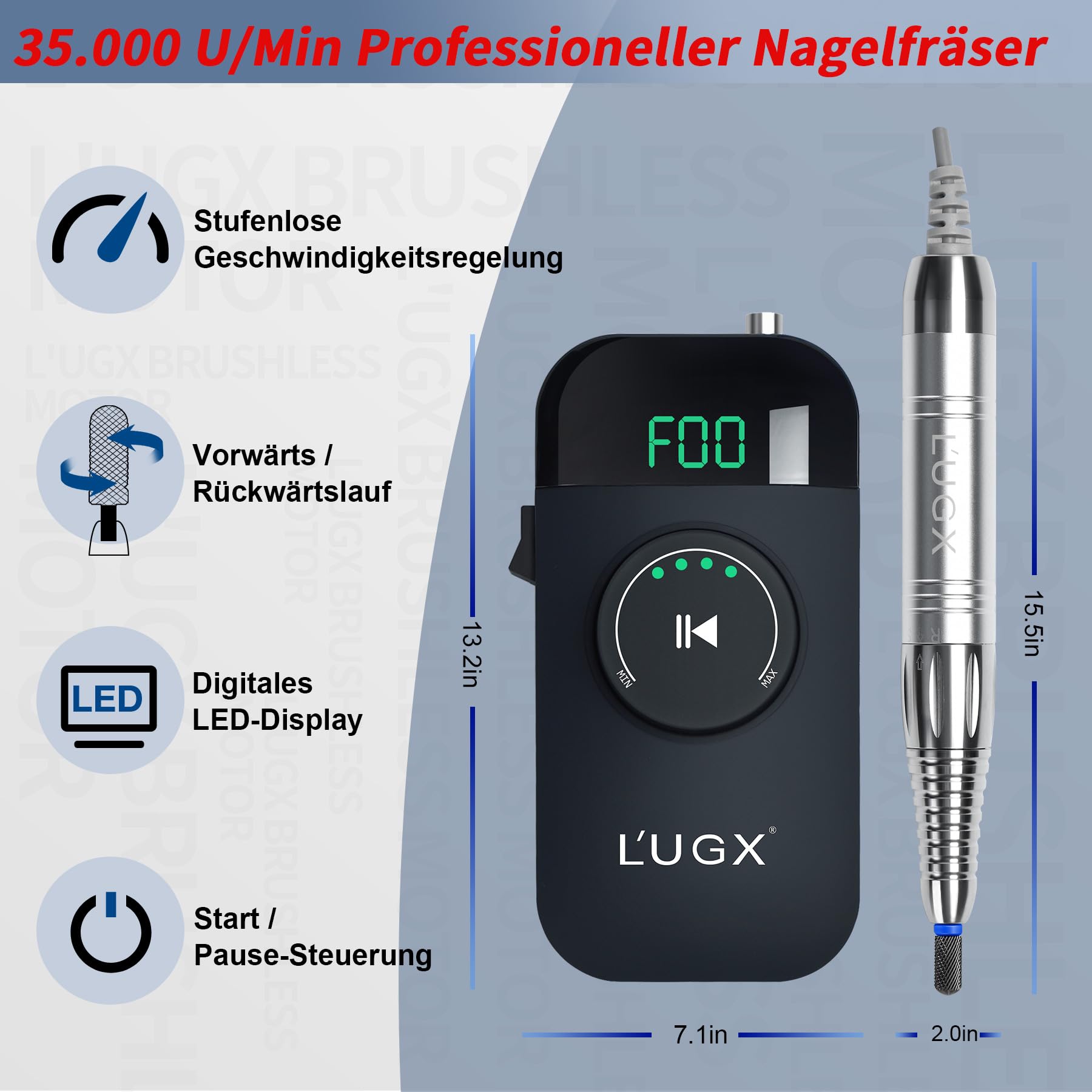 L'UGX Fresa de uñas profesional inalámbrica, motor sin escobillas, lima de uñas eléctrica para uñas de gel y uñas acrílicas, 35000 rpm, pantalla LED, set de manicura eléctrica para salón y hogar
