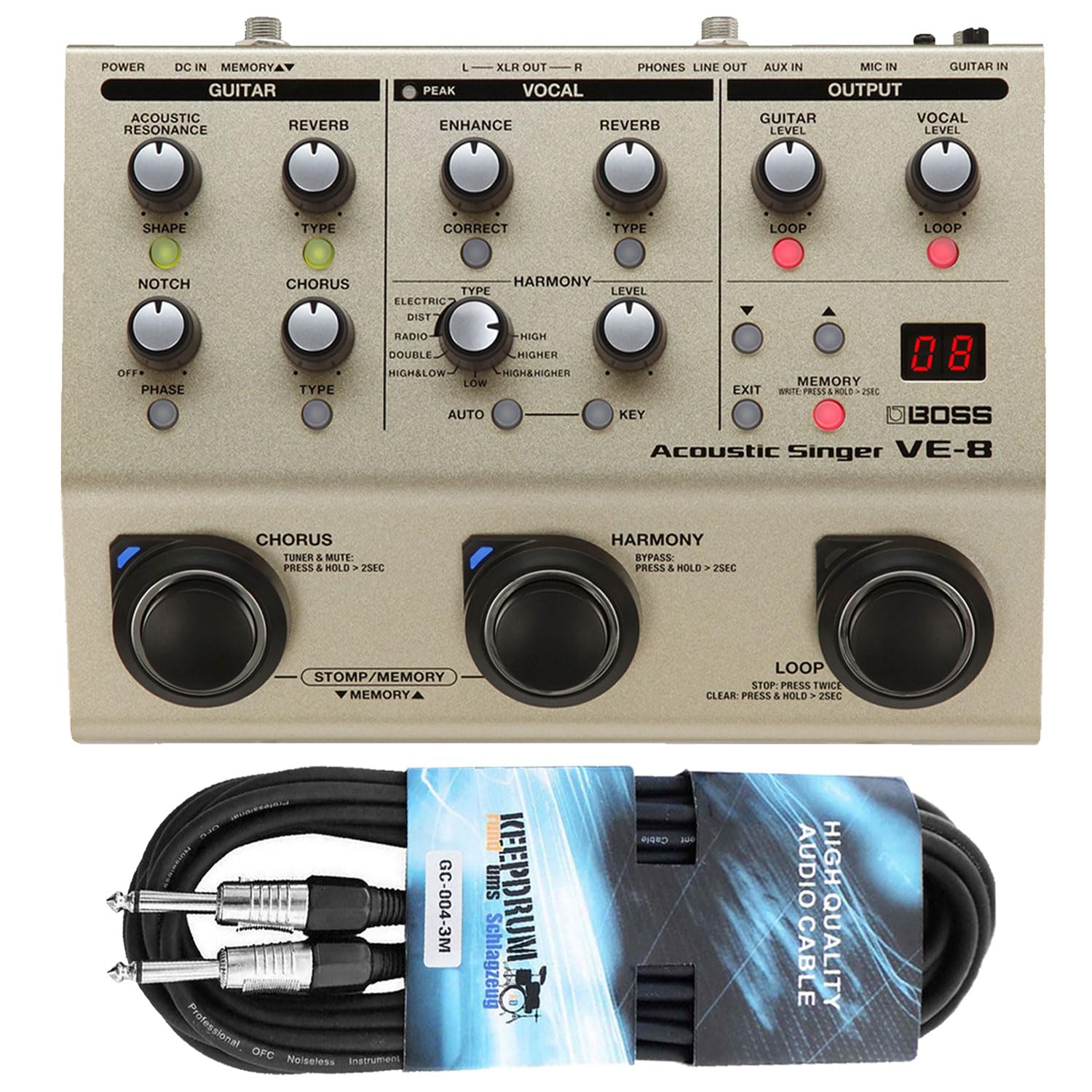 Boss VE-8 Acoustic-Singer Effektgerät für Gesang und Gitarre mit keepdrum Klinkenkabel