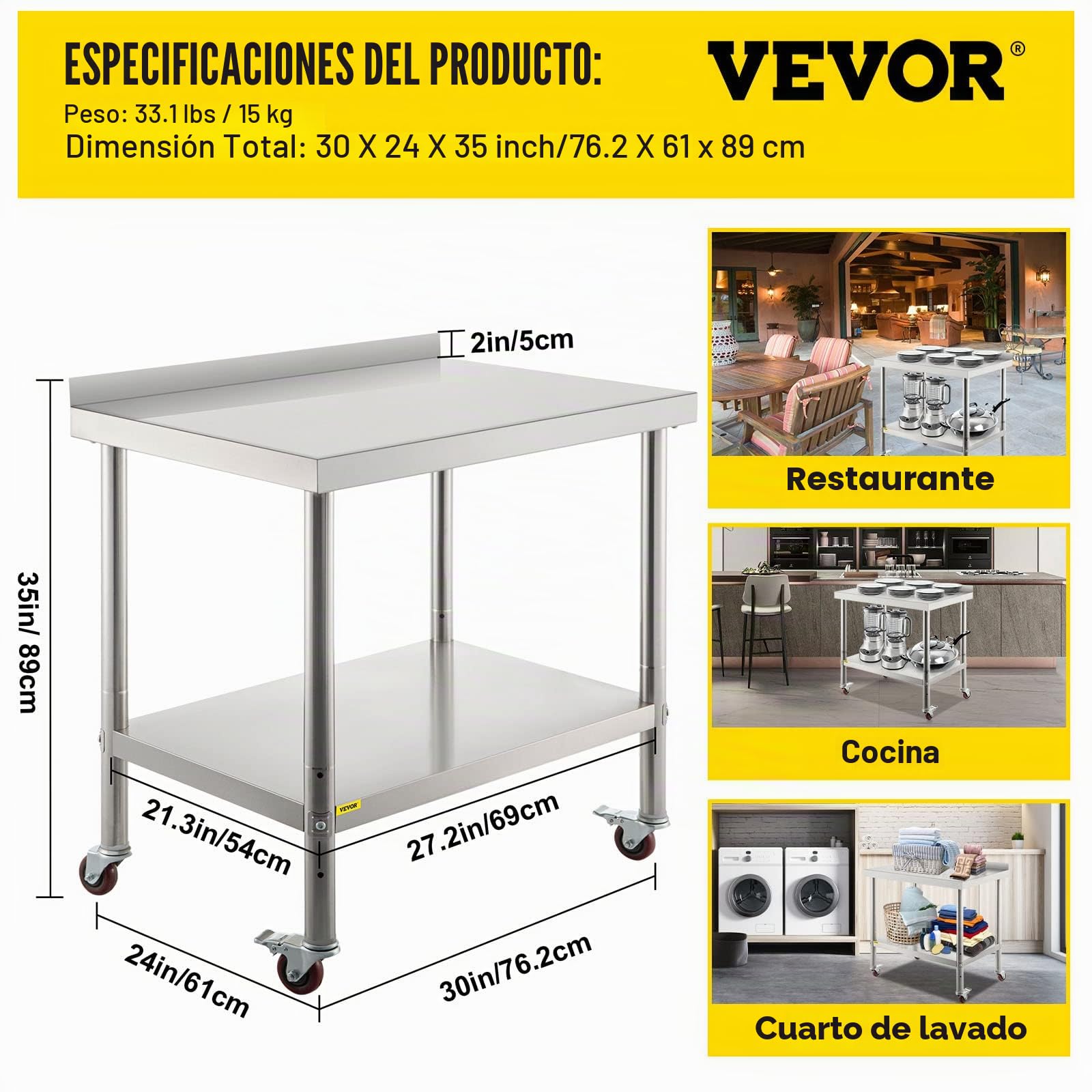VEVOR Mesa de preparación de Acero Inoxidable, 30 x 24 x 35 Pulgadas, Capacidad de Carga de 440 Libras, Mesa de Trabajo de Metal Resistente con Estante Inferior Ajustable y 4 Ruedas, estación de